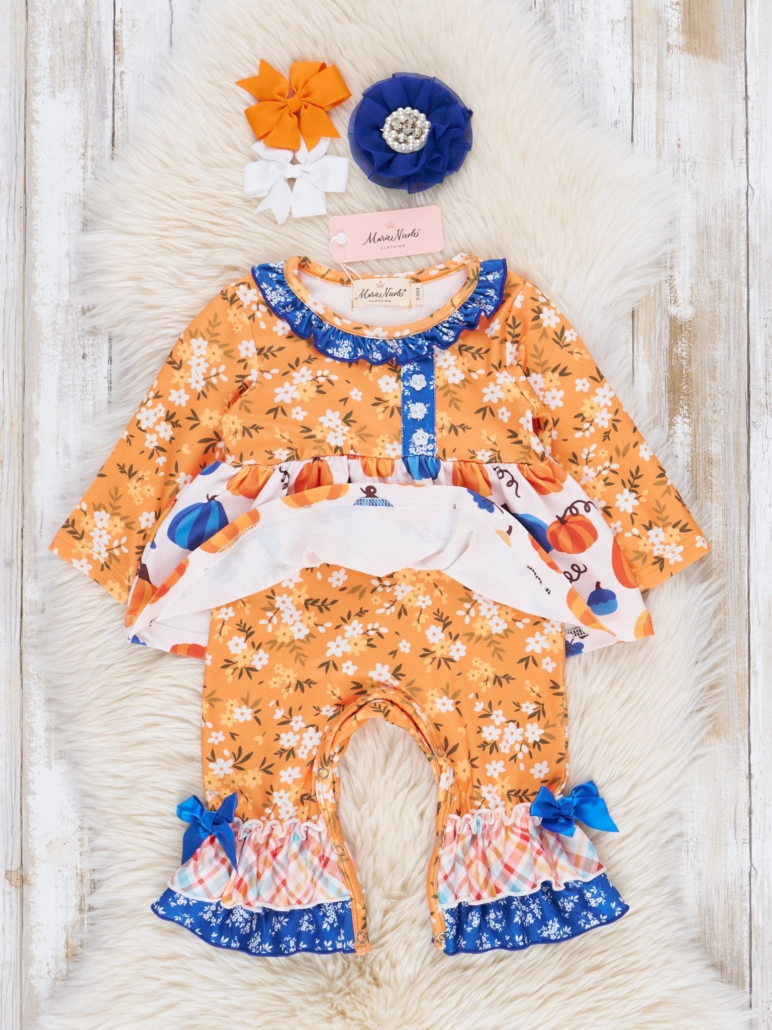 Orange Blooms & Blue Plaid Pumpkin Ruffle Romper - Marie Nicole Clothing