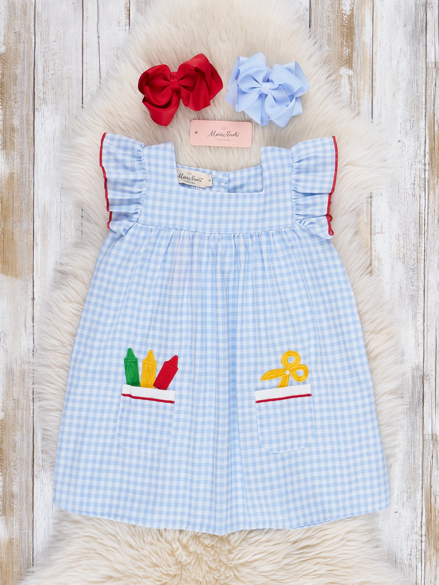 Blue Gingham Embroidered Crayons Ruffle Dress - Marie Nicole Clothing