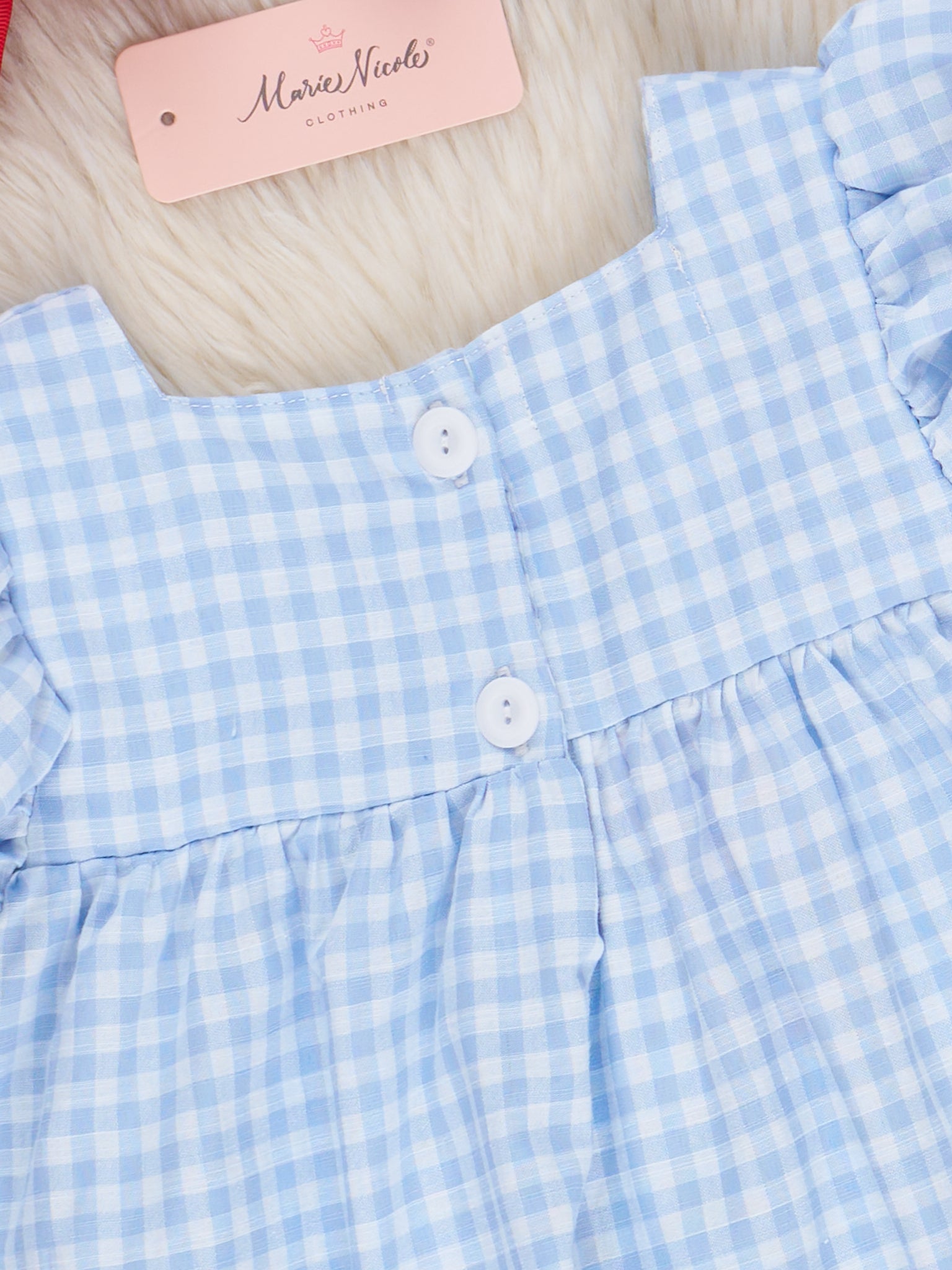 Blue Gingham Embroidered Crayons Ruffle Dress - Marie Nicole Clothing
