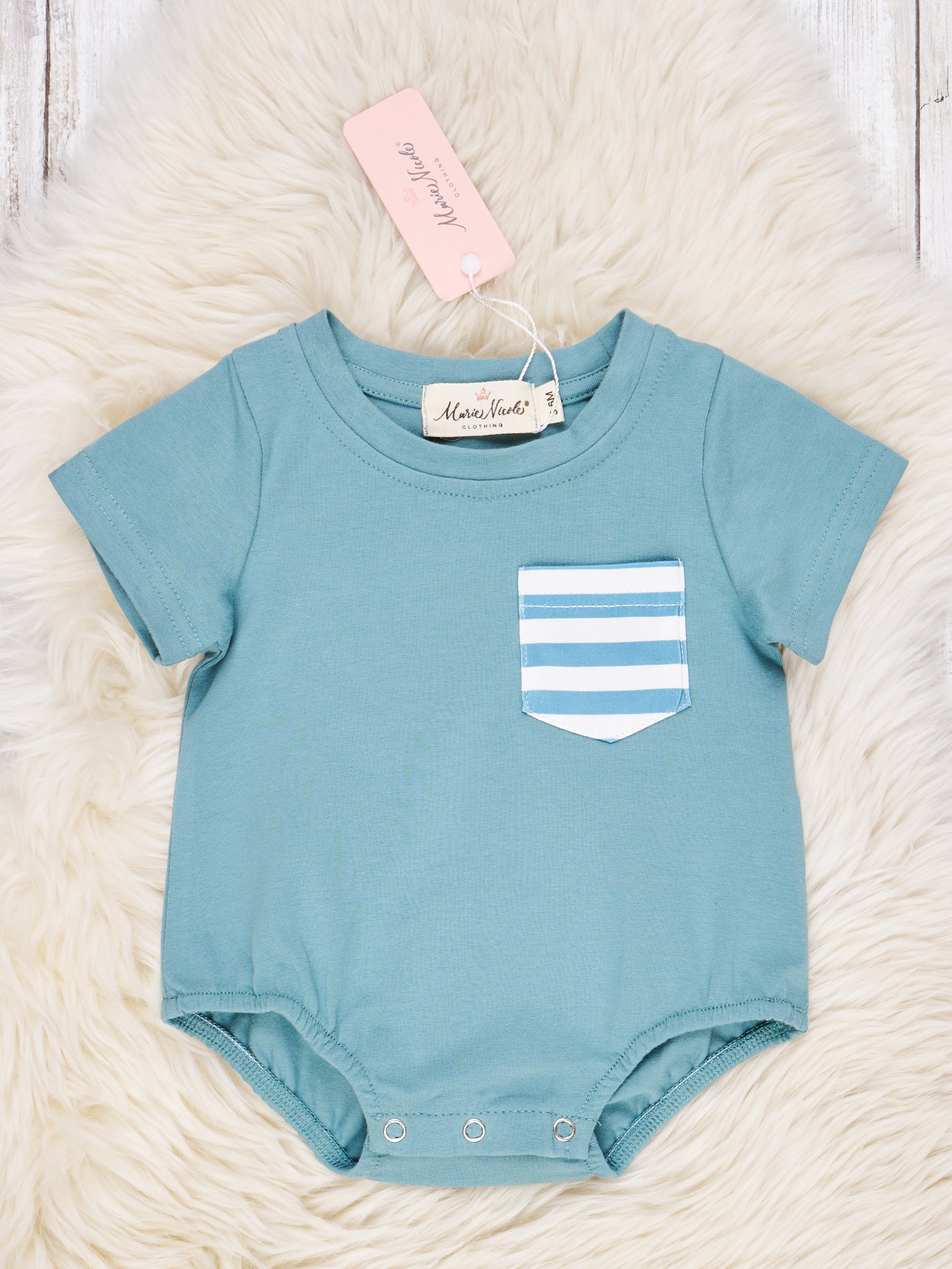 Blue Stripe Pocket Romper - Marie Nicole Clothing