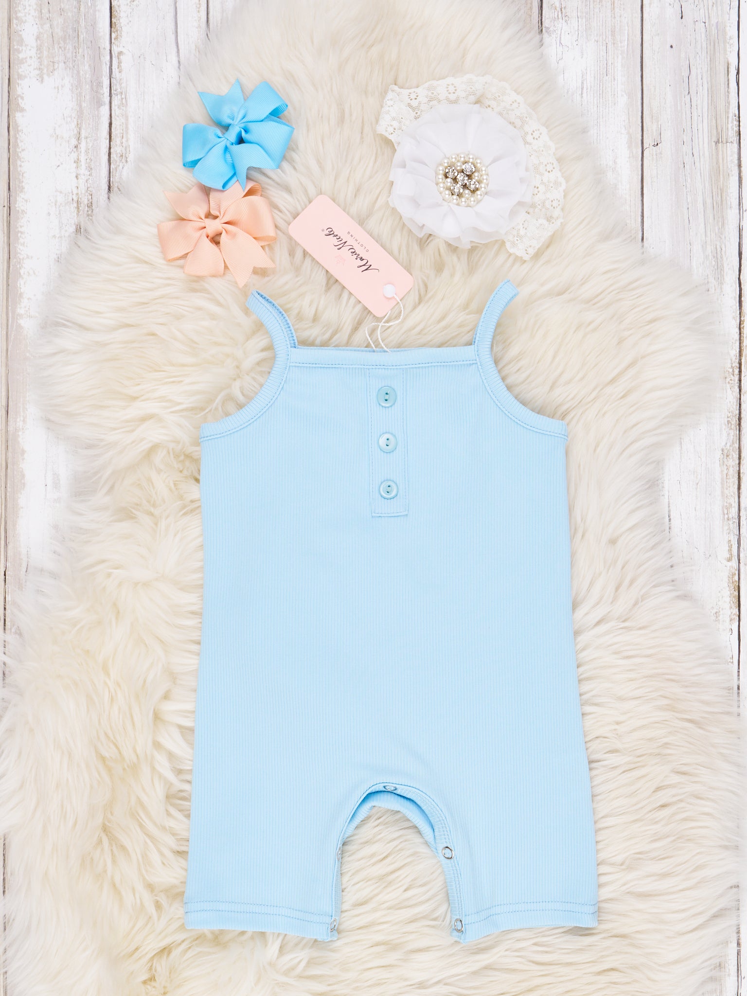Baby Blue Ribbed Romper - Marie Nicole Clothing