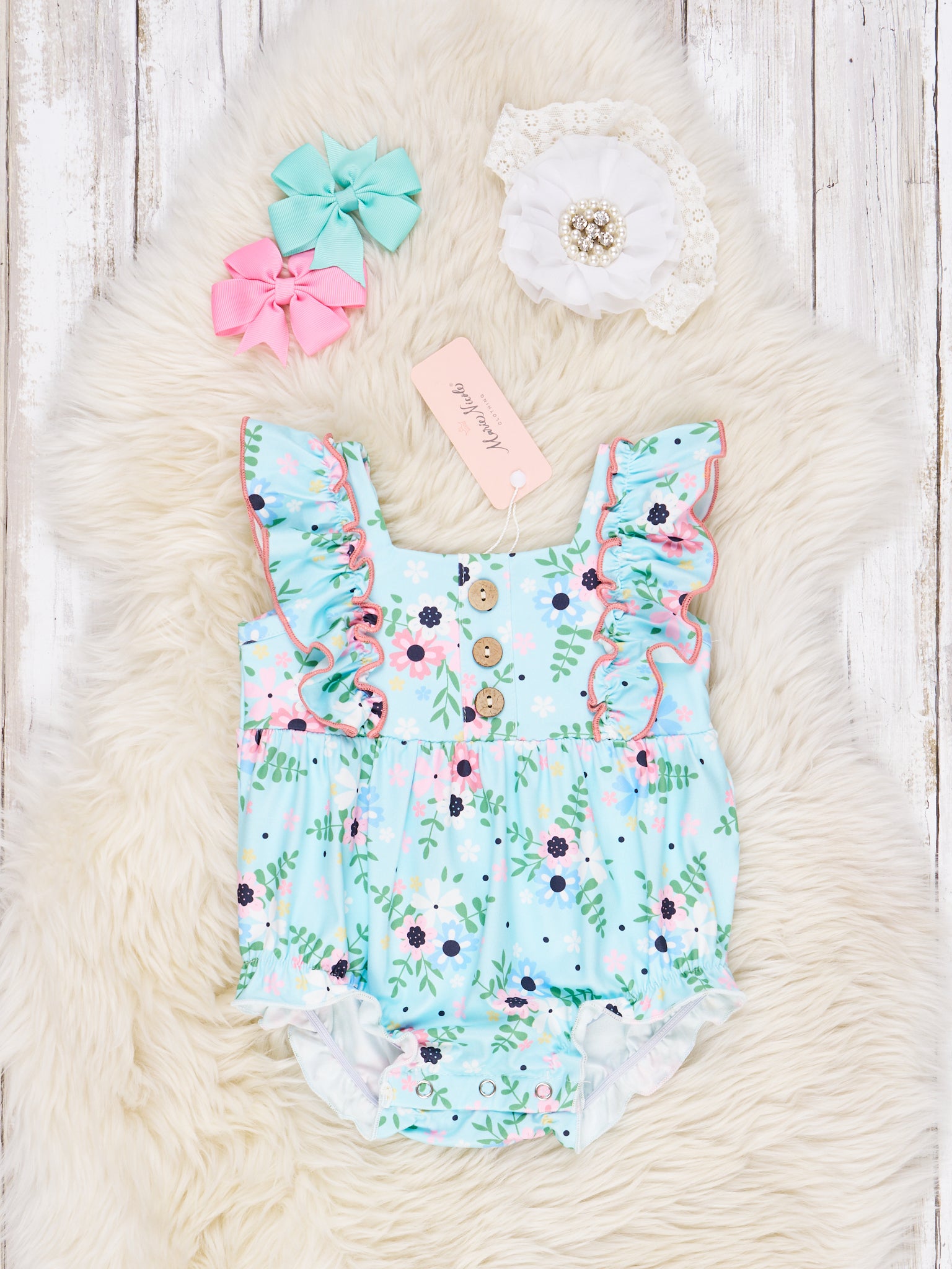 Pink & Blue Floral Ruffle Romper - Marie Nicole Clothing