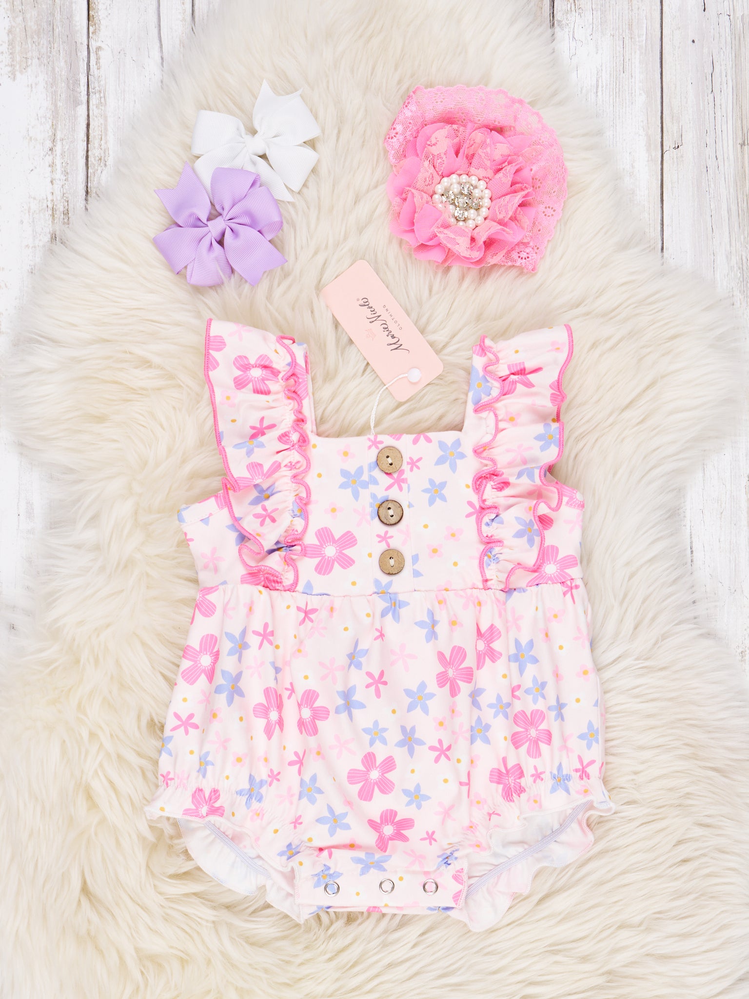 Pink & Periwinkle Floral Ruffle Romper - Marie Nicole Clothing