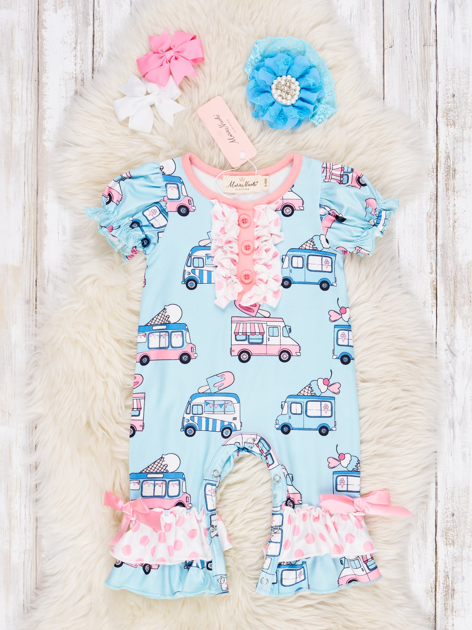 Polka Dot Ice Cream Truck Ruffle Romper - Marie Nicole Clothing