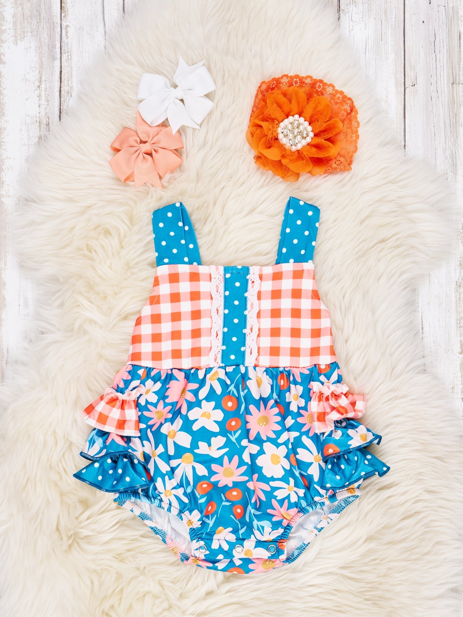 Orange Gingham Floral Romper - Marie Nicole Clothing