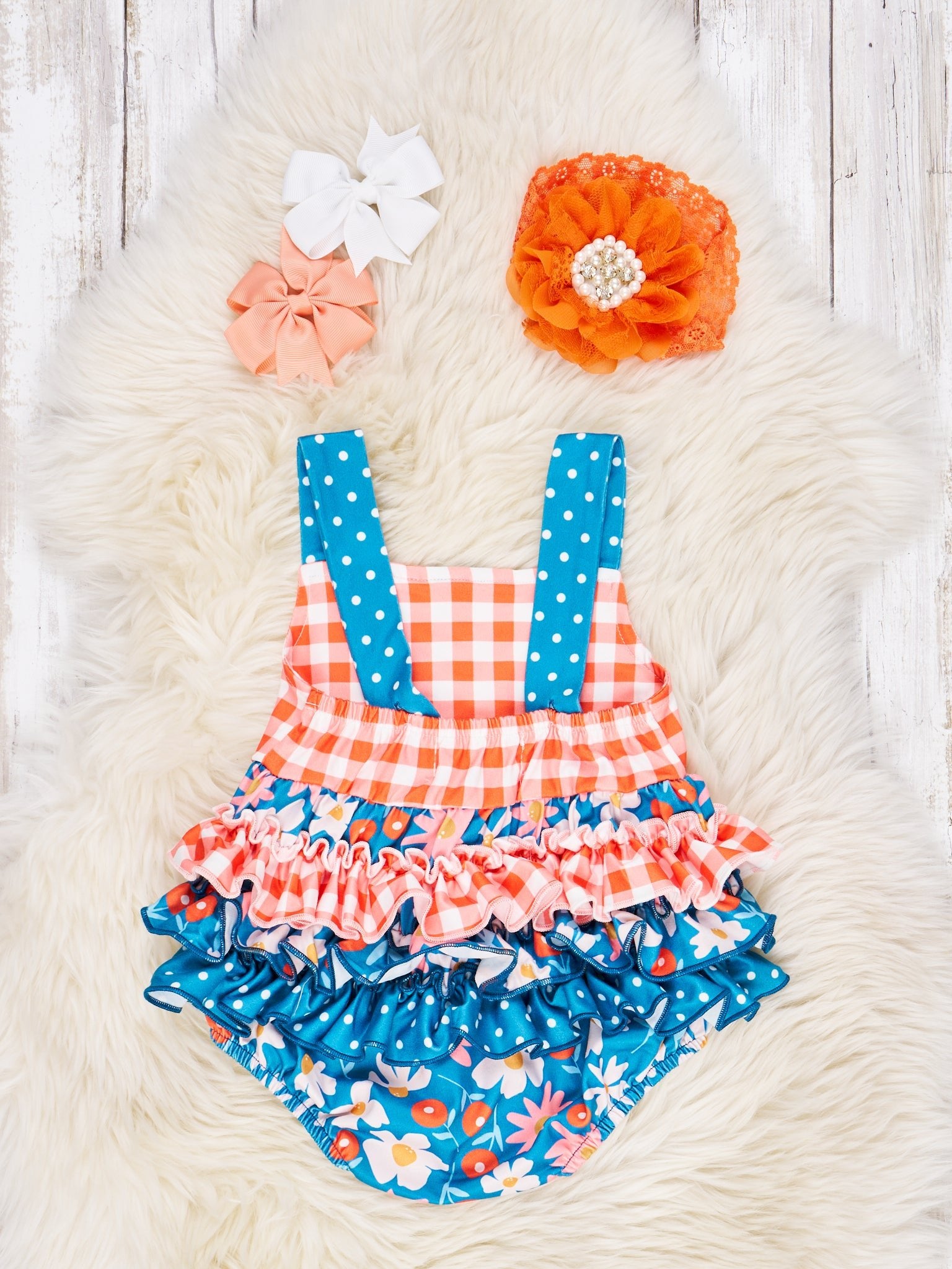 Orange Gingham Floral Romper - Marie Nicole Clothing