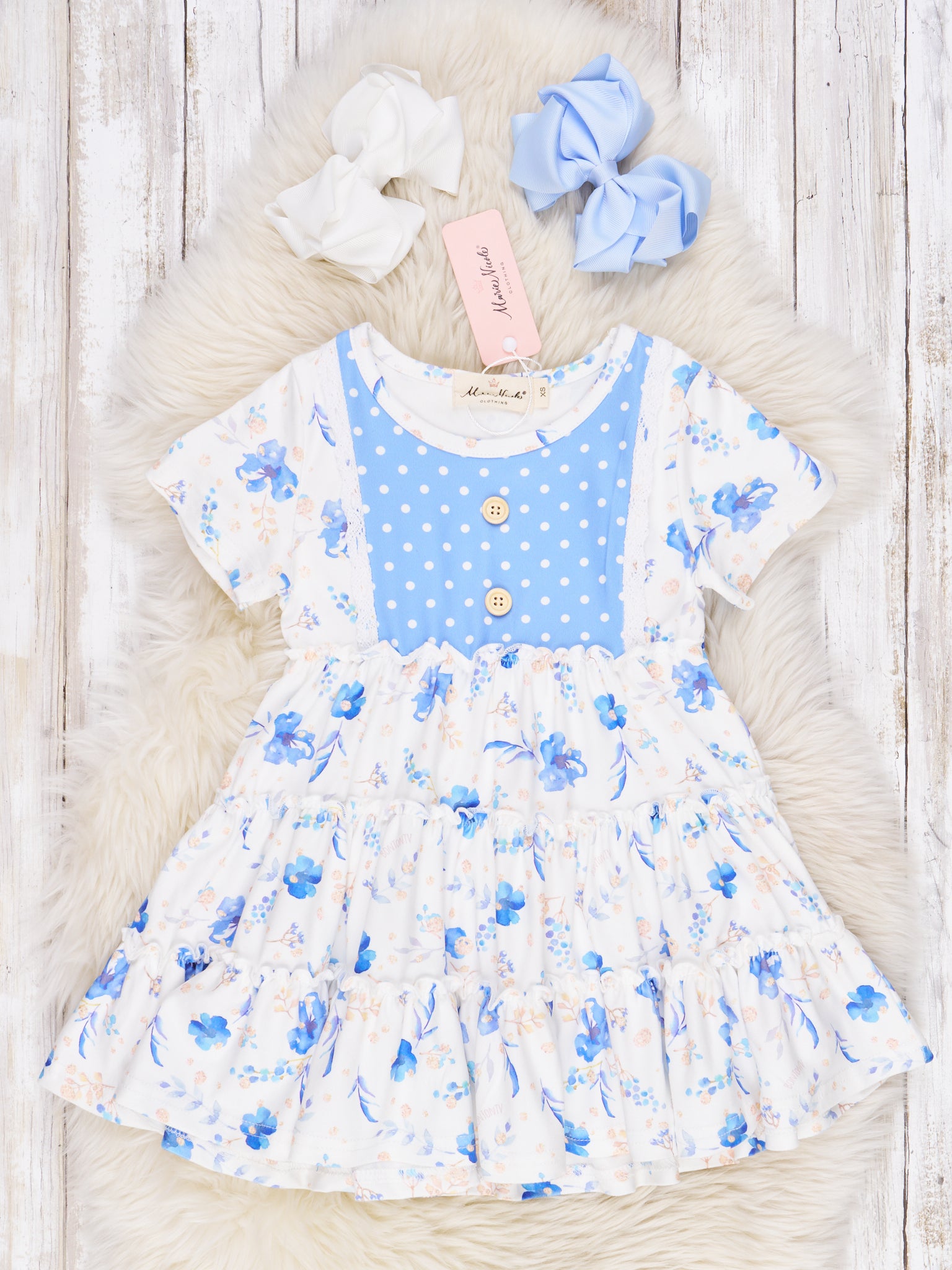 Polka Dot Cornflower Ruffle Dress - Marie Nicole Clothing