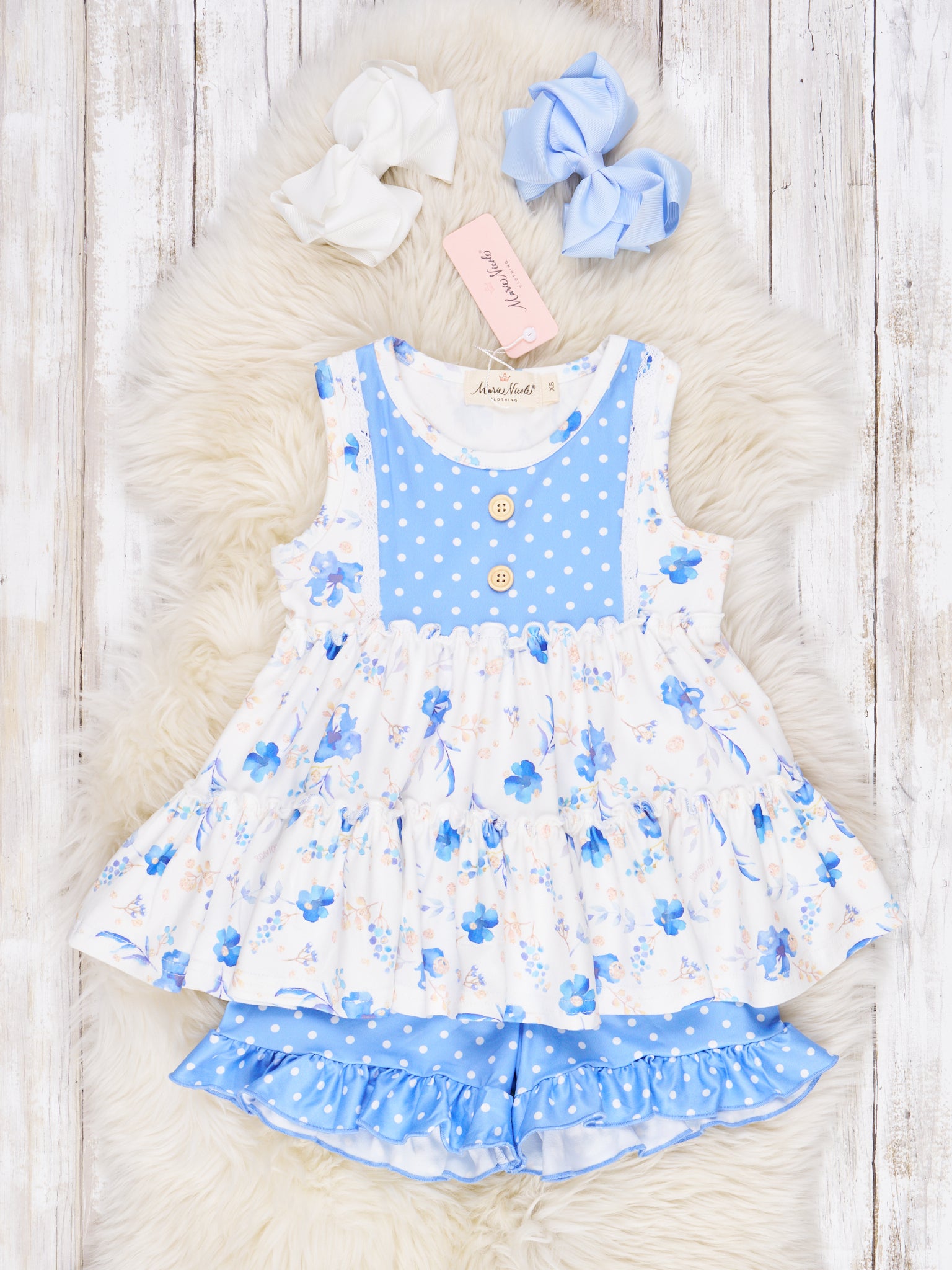 Polka Dot Cornflower Ruffle Outfit - Marie Nicole Clothing