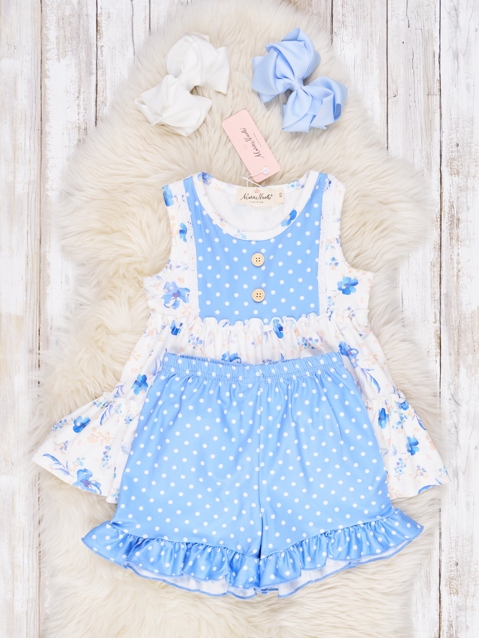 Polka Dot Cornflower Ruffle Outfit - Marie Nicole Clothing