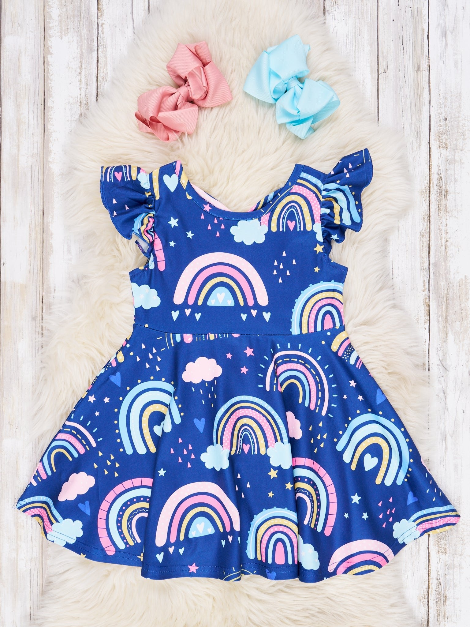 Navy Hearts & Rainbow Ruffle Dress - Marie Nicole Clothing