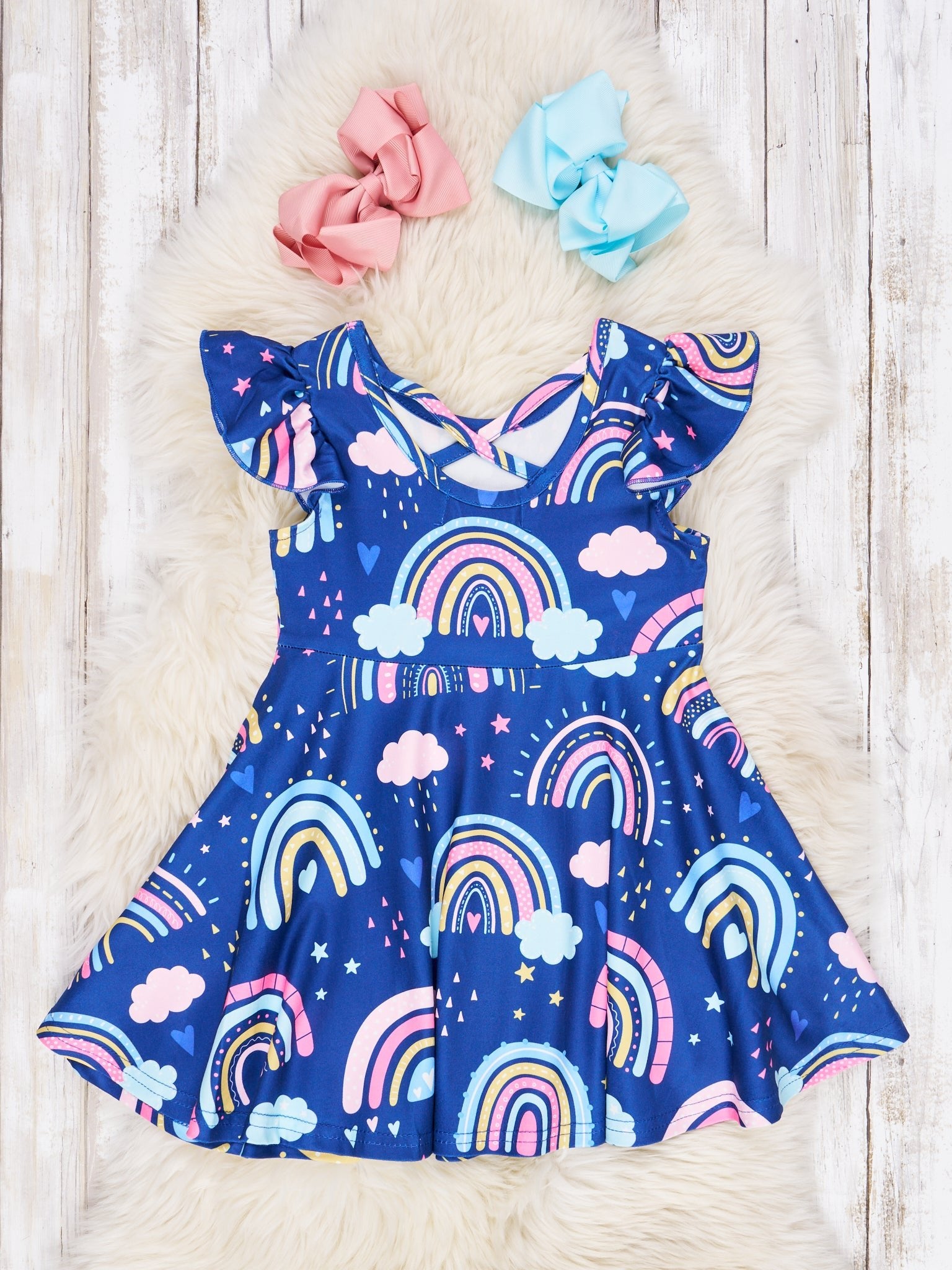 Navy Hearts & Rainbow Ruffle Dress - Marie Nicole Clothing
