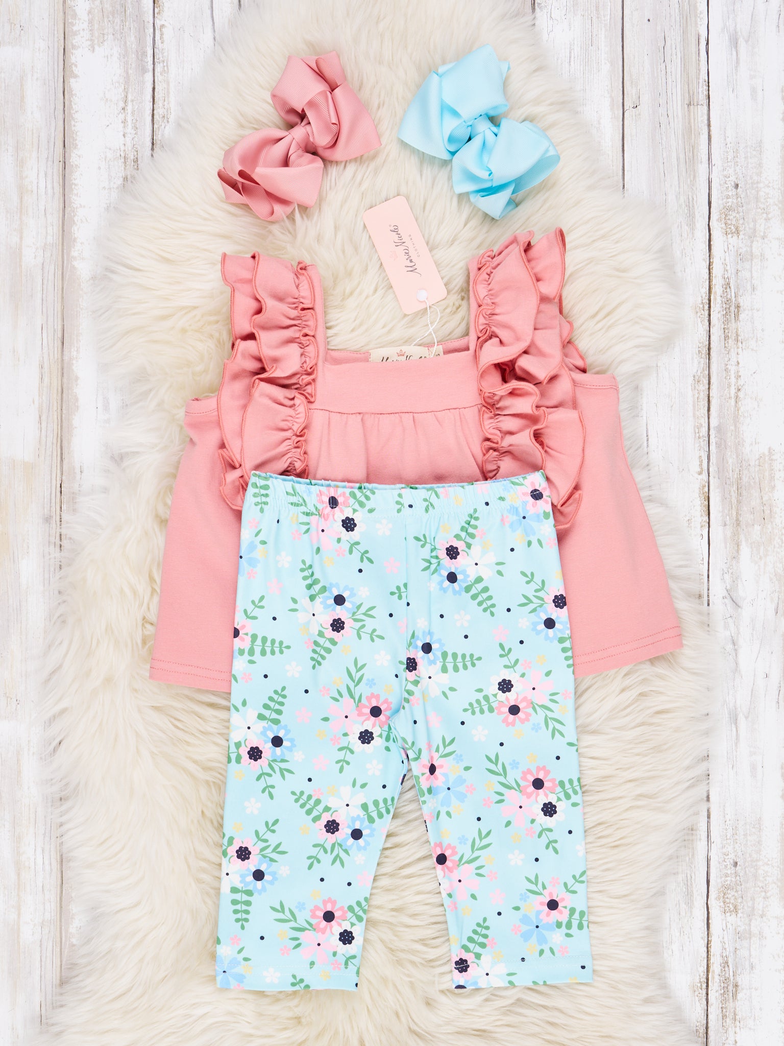 Pink & Blue Floral Ruffle Outfit - Marie Nicole Clothing