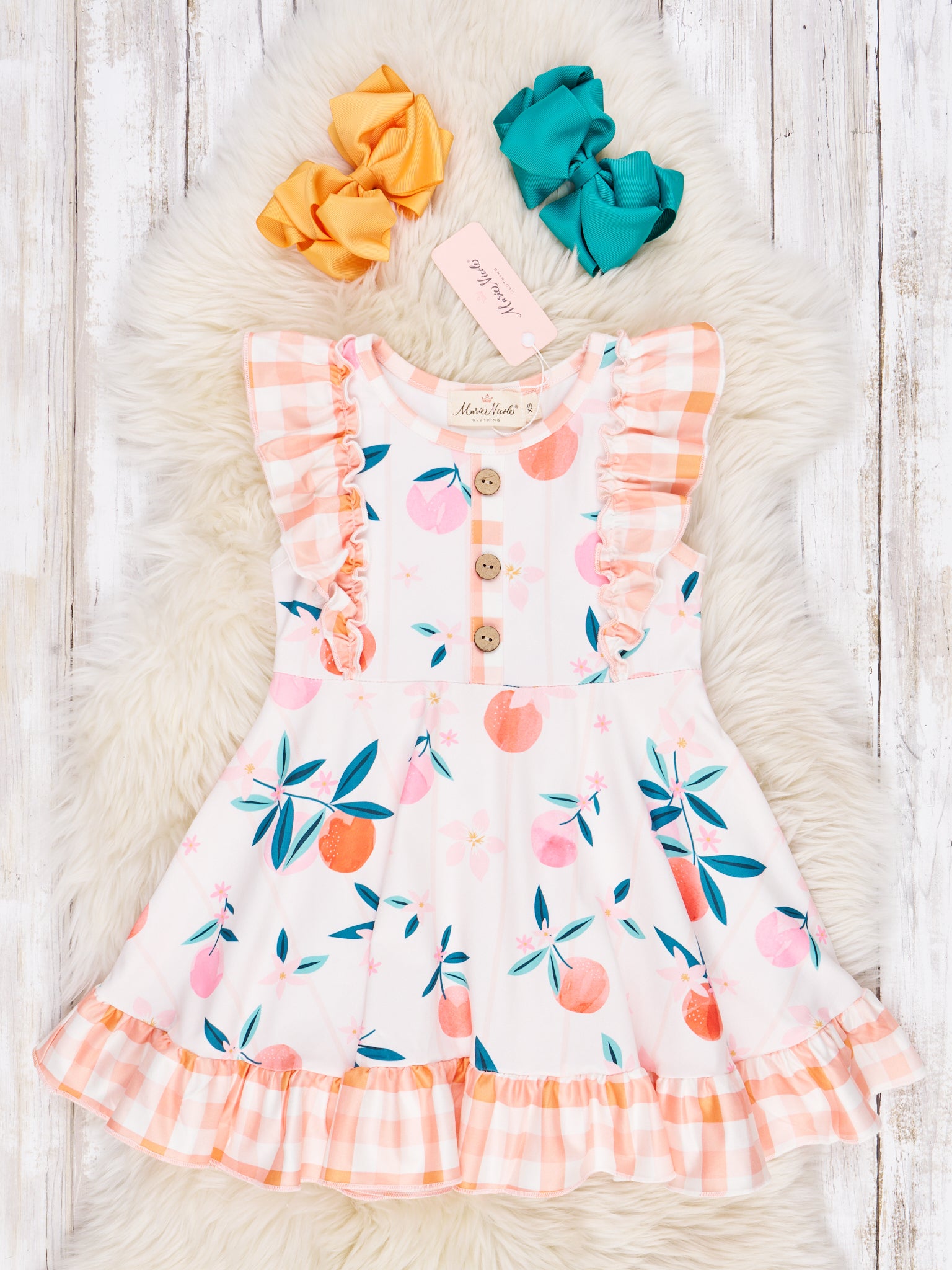 Gingham Oranges Ruffle Dress - Marie Nicole Clothing