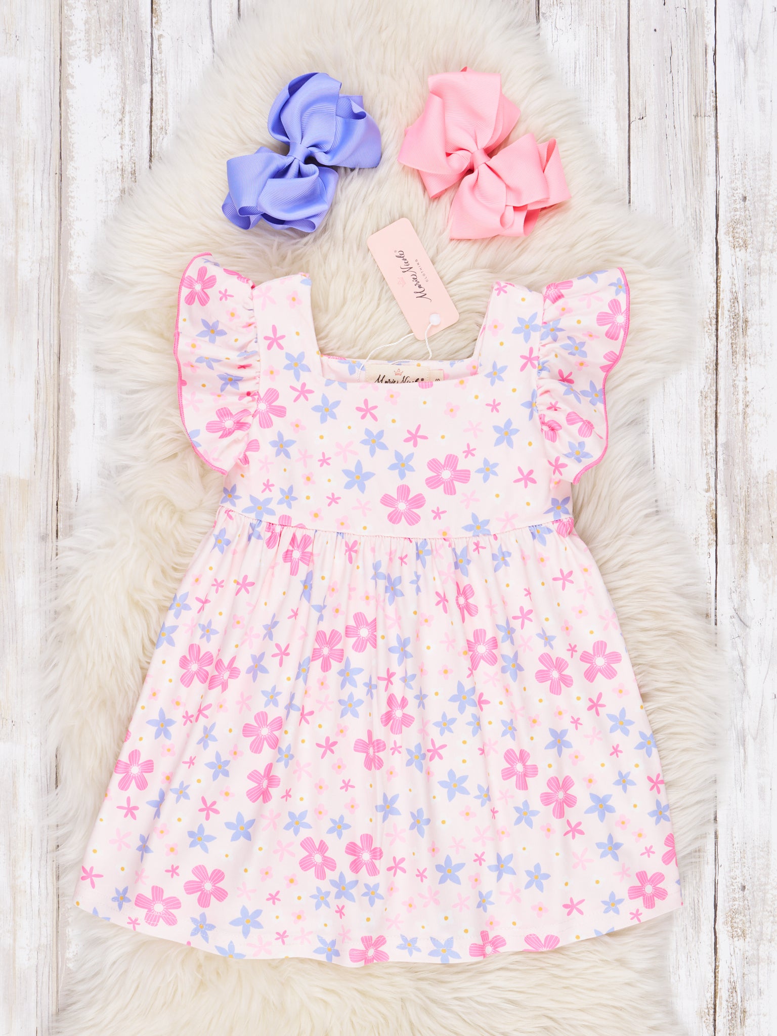 Pink & Periwinkle Floral Ruffle Dress - Marie Nicole Clothing