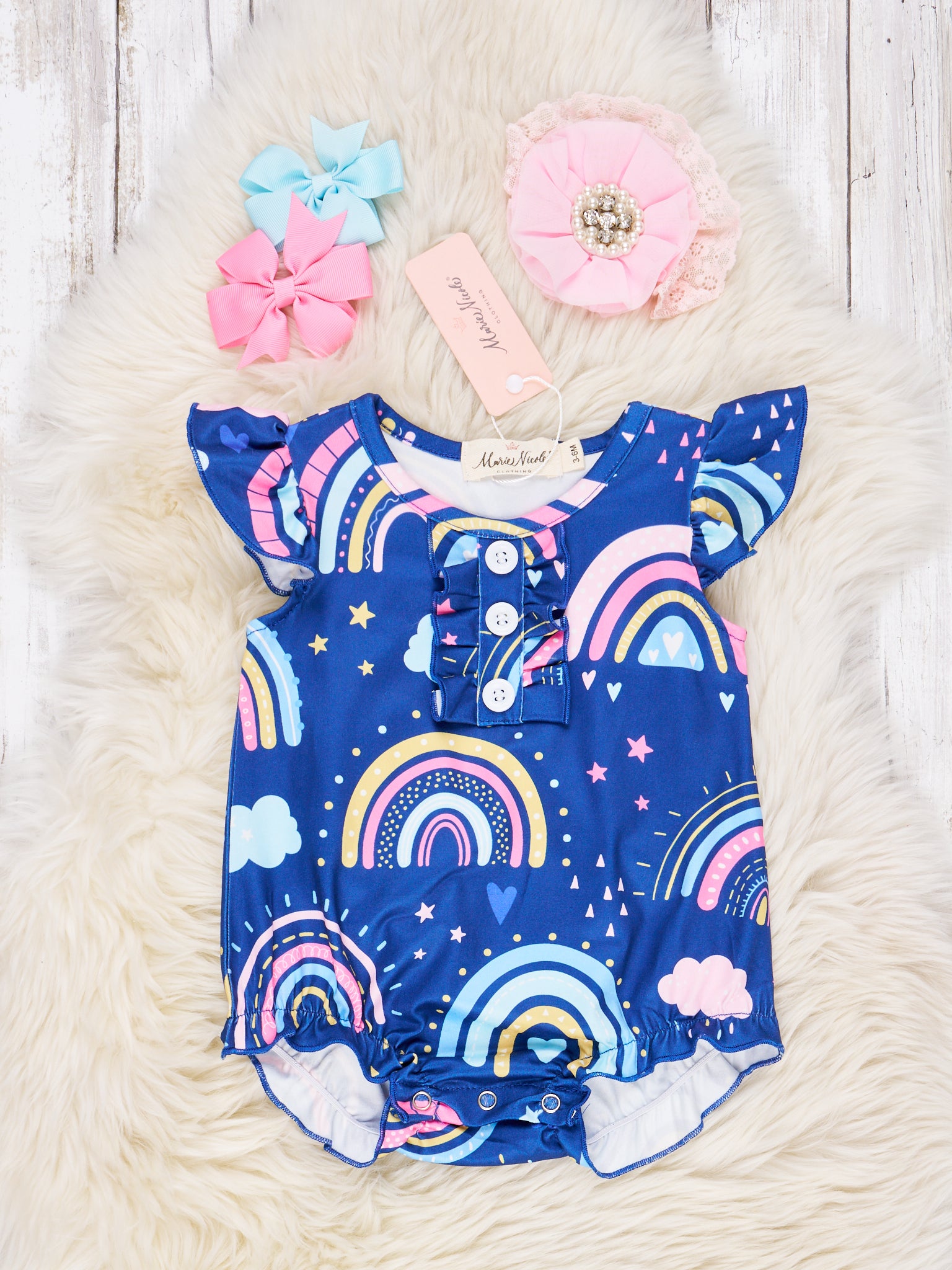 Navy Hearts & Rainbow Ruffle Romper - Marie Nicole Clothing