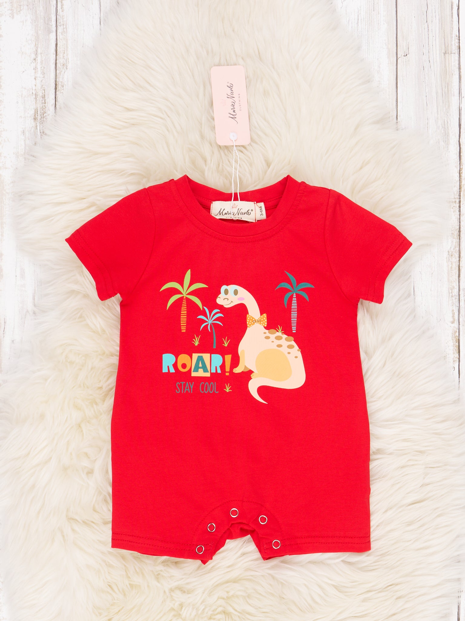 "ROAR!" Red Dinosaur Romper - Marie Nicole Clothing