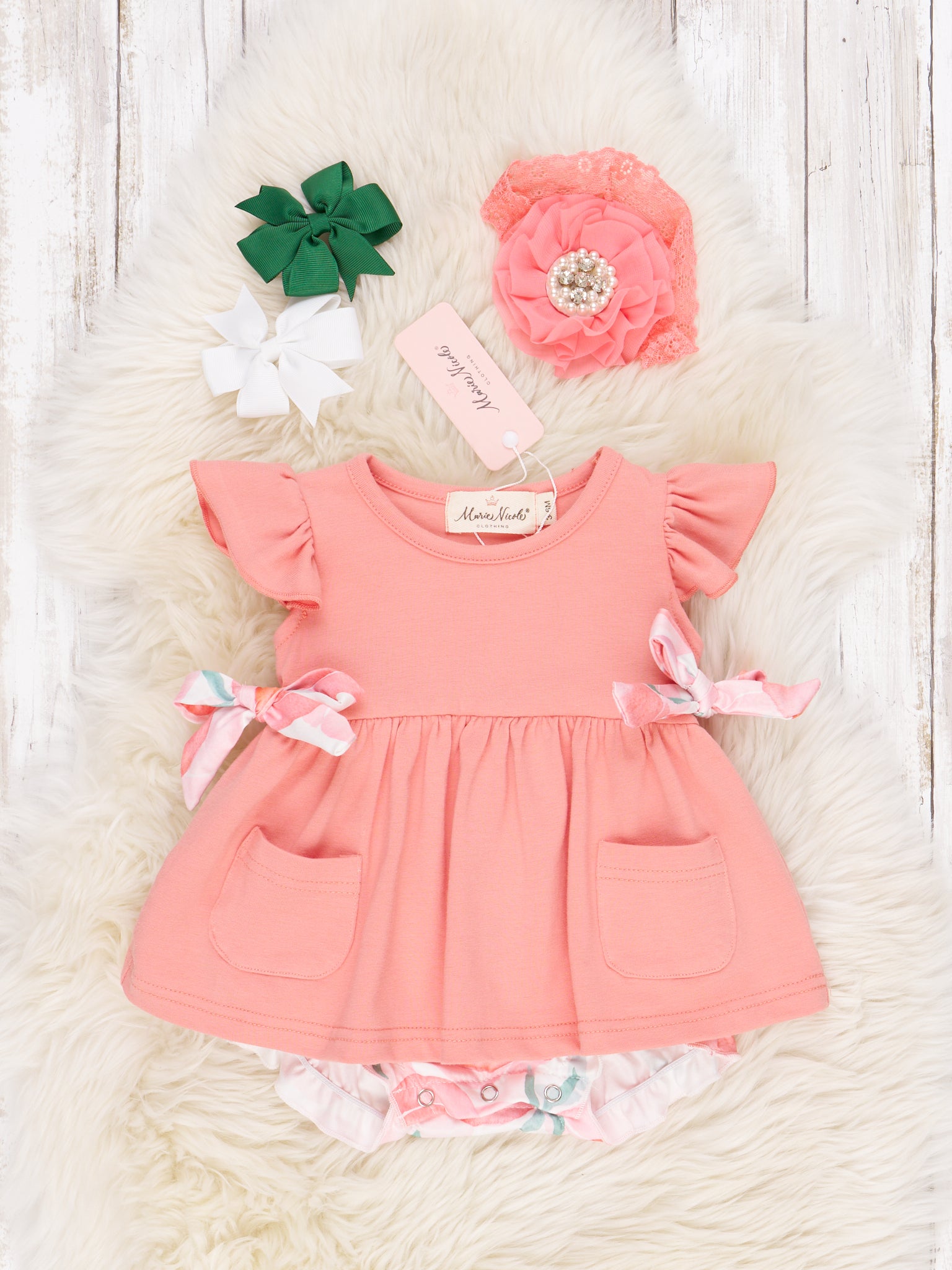 Peach Pocket Ruffle Romper - Marie Nicole Clothing