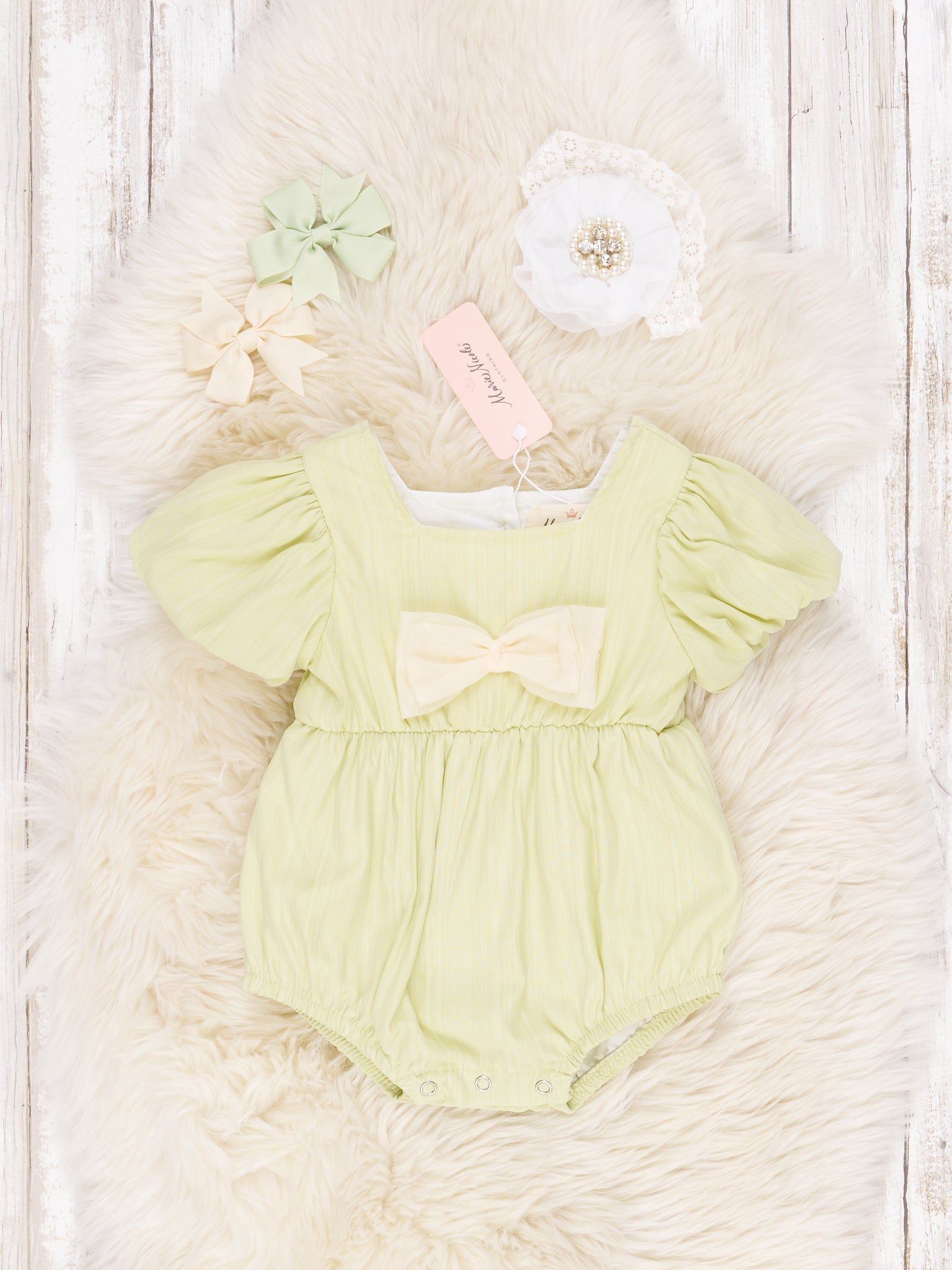 Pastel Green Ruffle Bow Romper - Marie Nicole Clothing