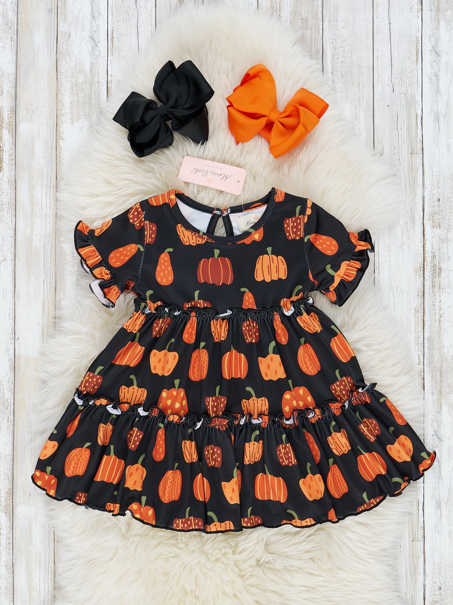 Black & Orange Pumpkin Patch Tiered Ruffle Dress - Marie Nicole Clothing