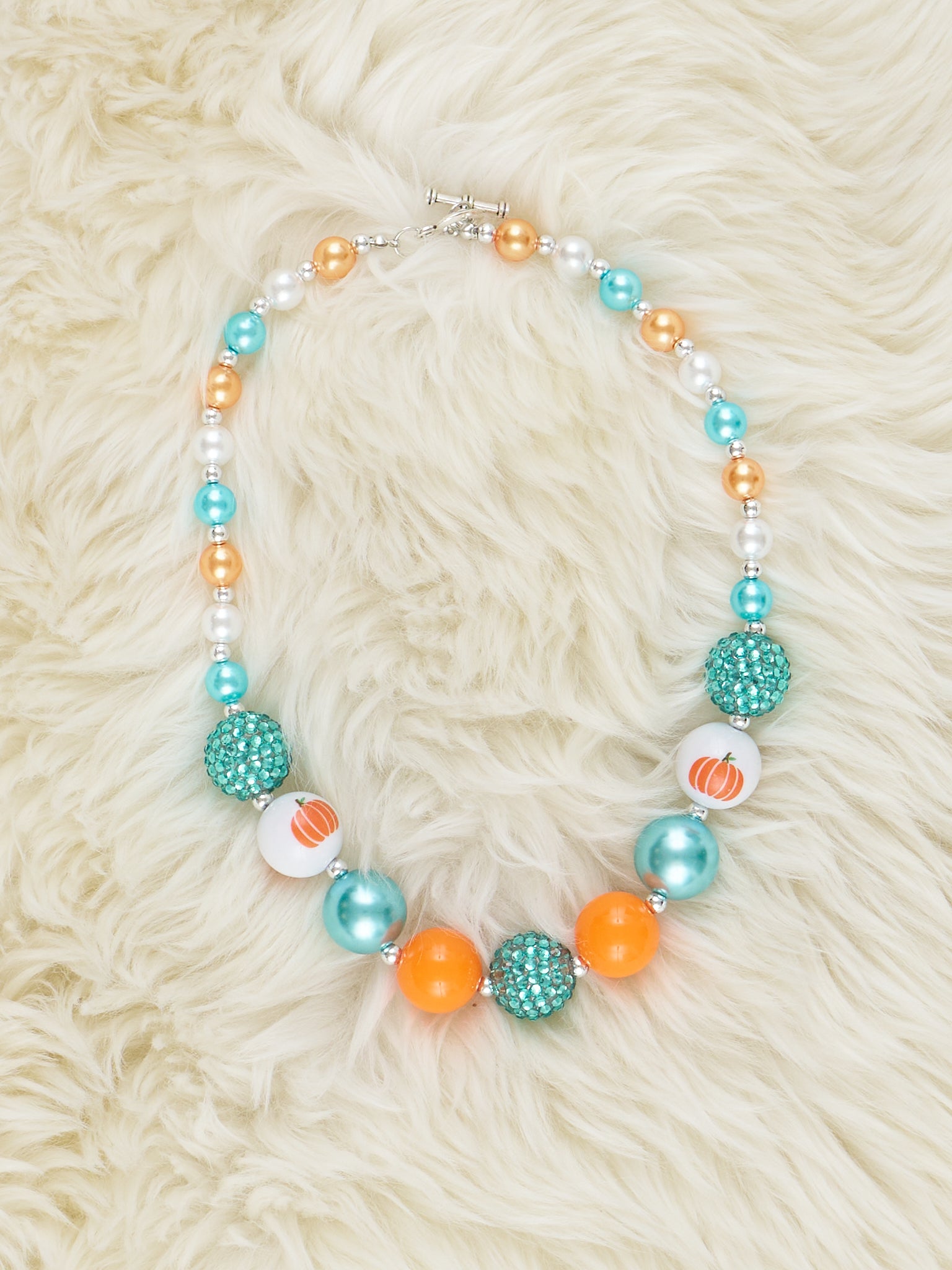 Teal Pearl & Pumpkin Print Bubblegum Necklace - Marie Nicole Clothing