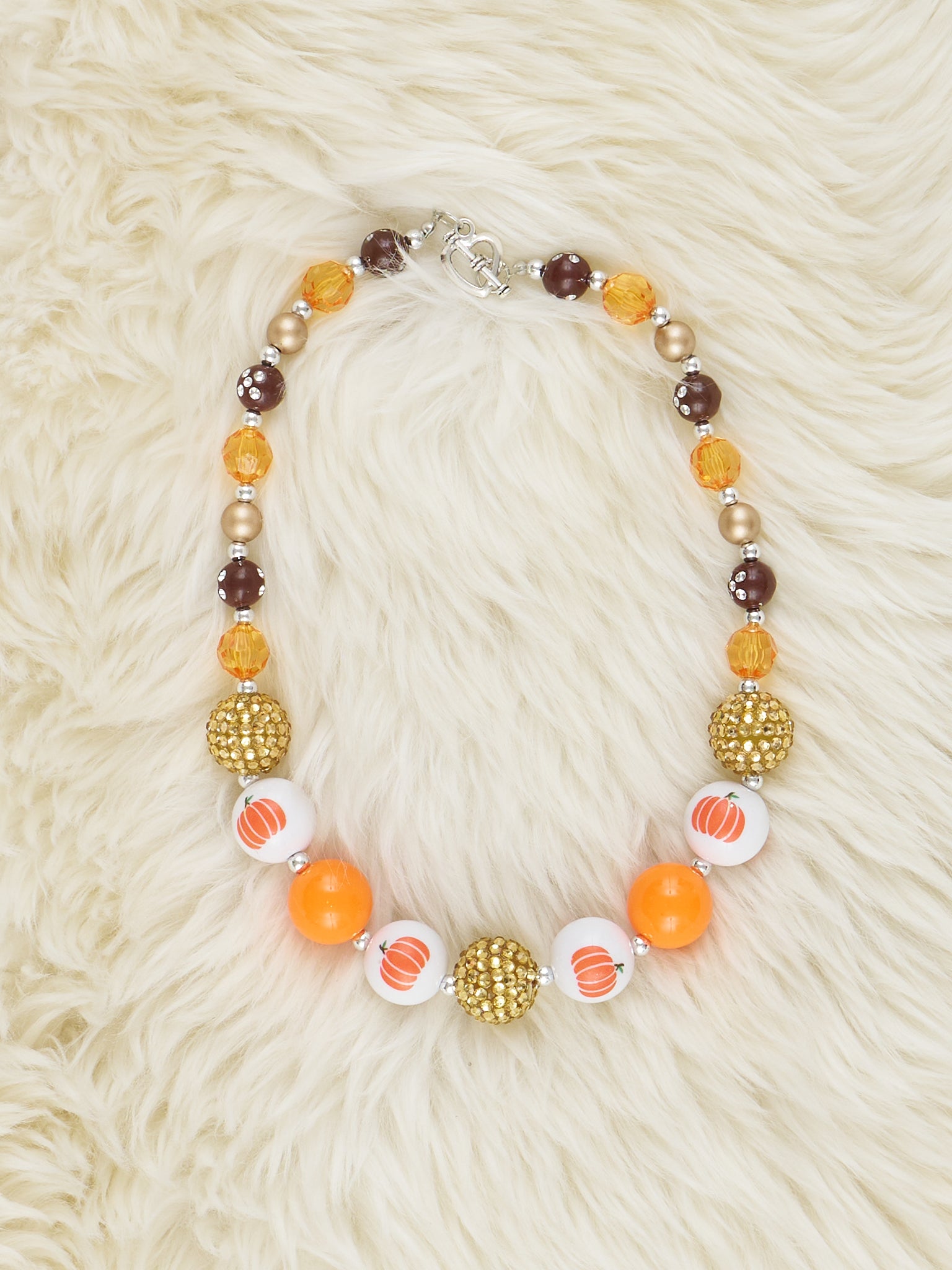 Gold Sparkle & Pumpkin Print Bubblegum Necklace - Marie Nicole Clothing