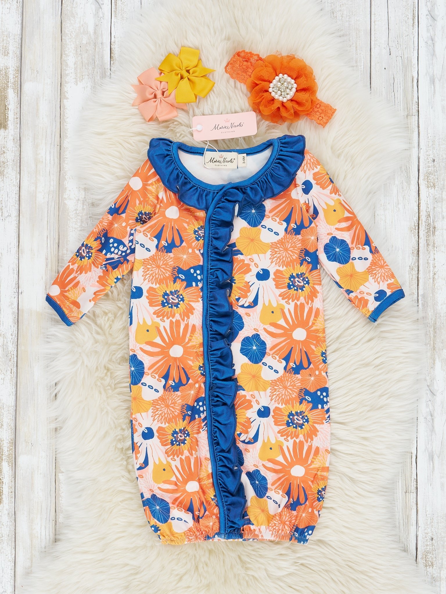 Navy & Orange Wildflowers Ruffle Sleep Gown - Marie Nicole Clothing