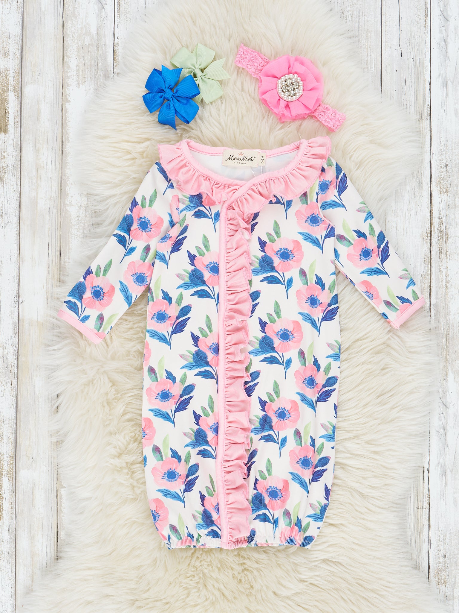Navy & Pink Watercolor Ruffle Sleep Gown - Marie Nicole Clothing