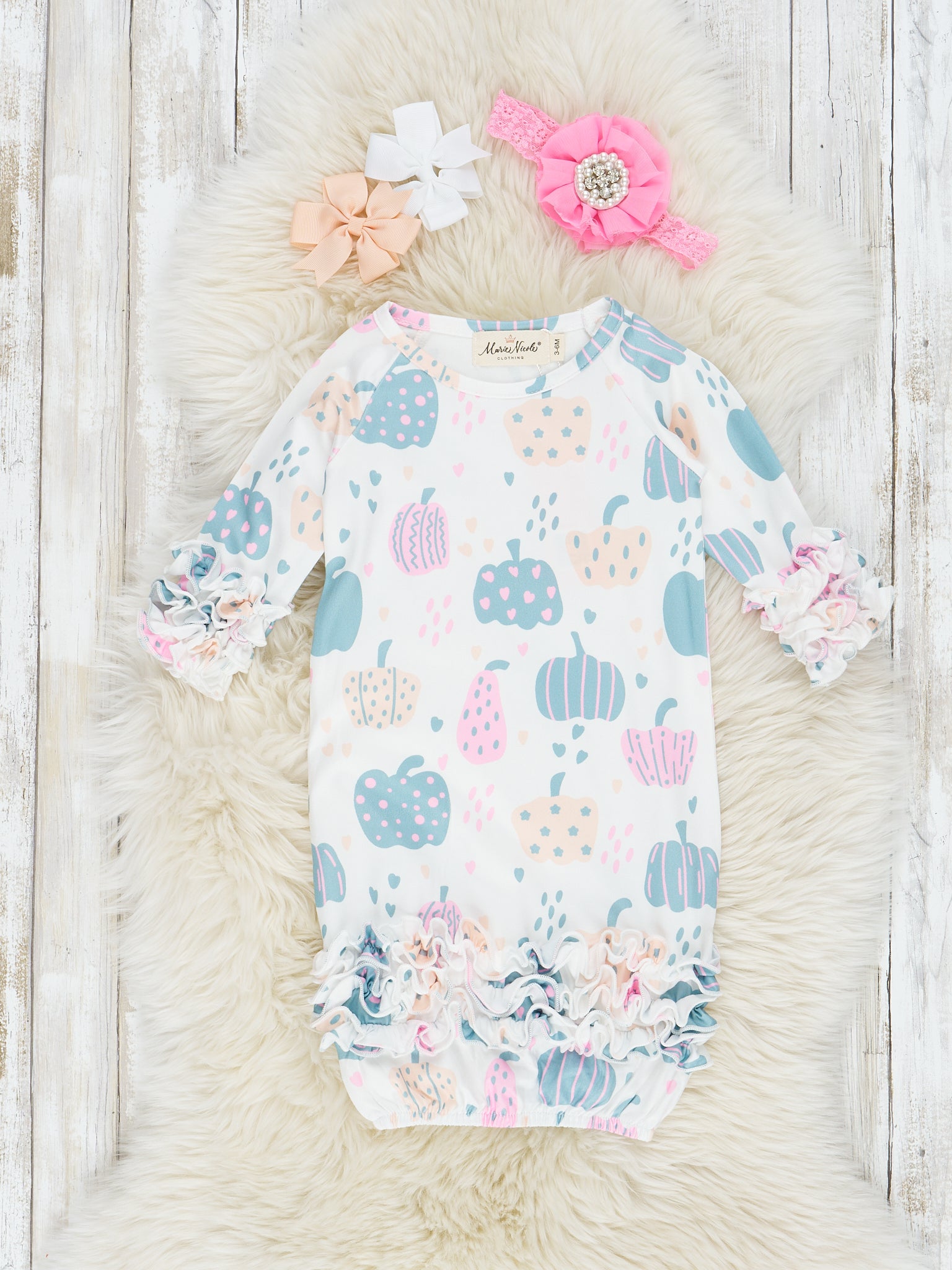Dusty Blue & Pink Pattern Pumpkin Ruffle Sleep Gown - Marie Nicole Clothing