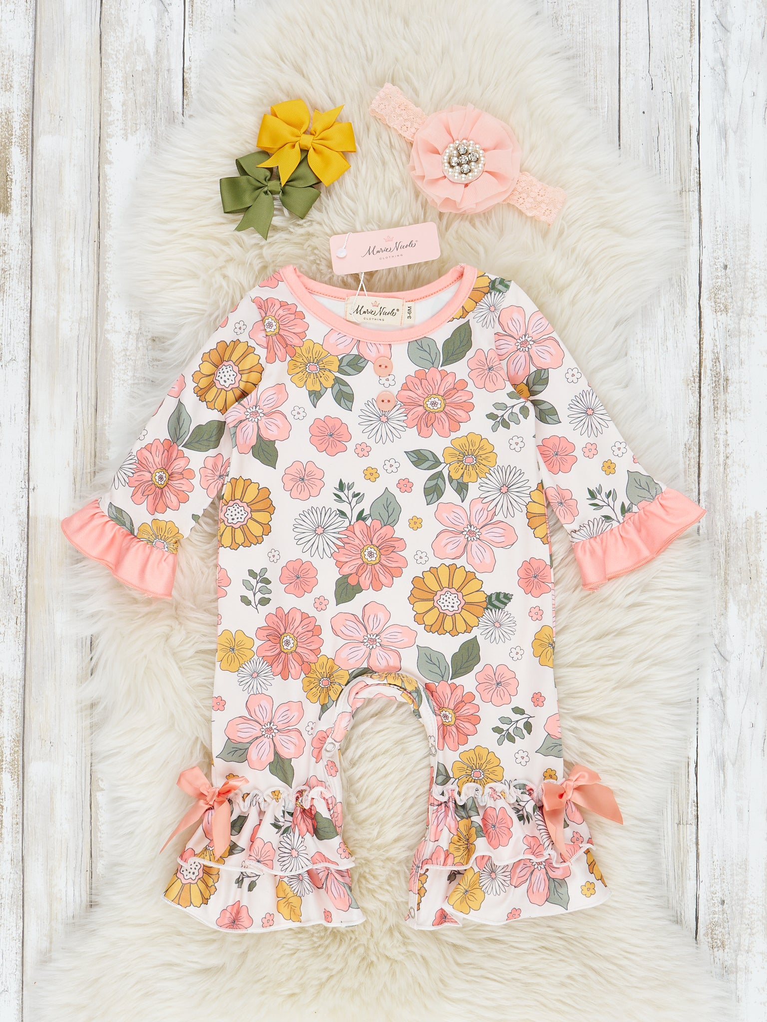 Pink Marigold Dreams Ruffle Romper - Marie Nicole Clothing