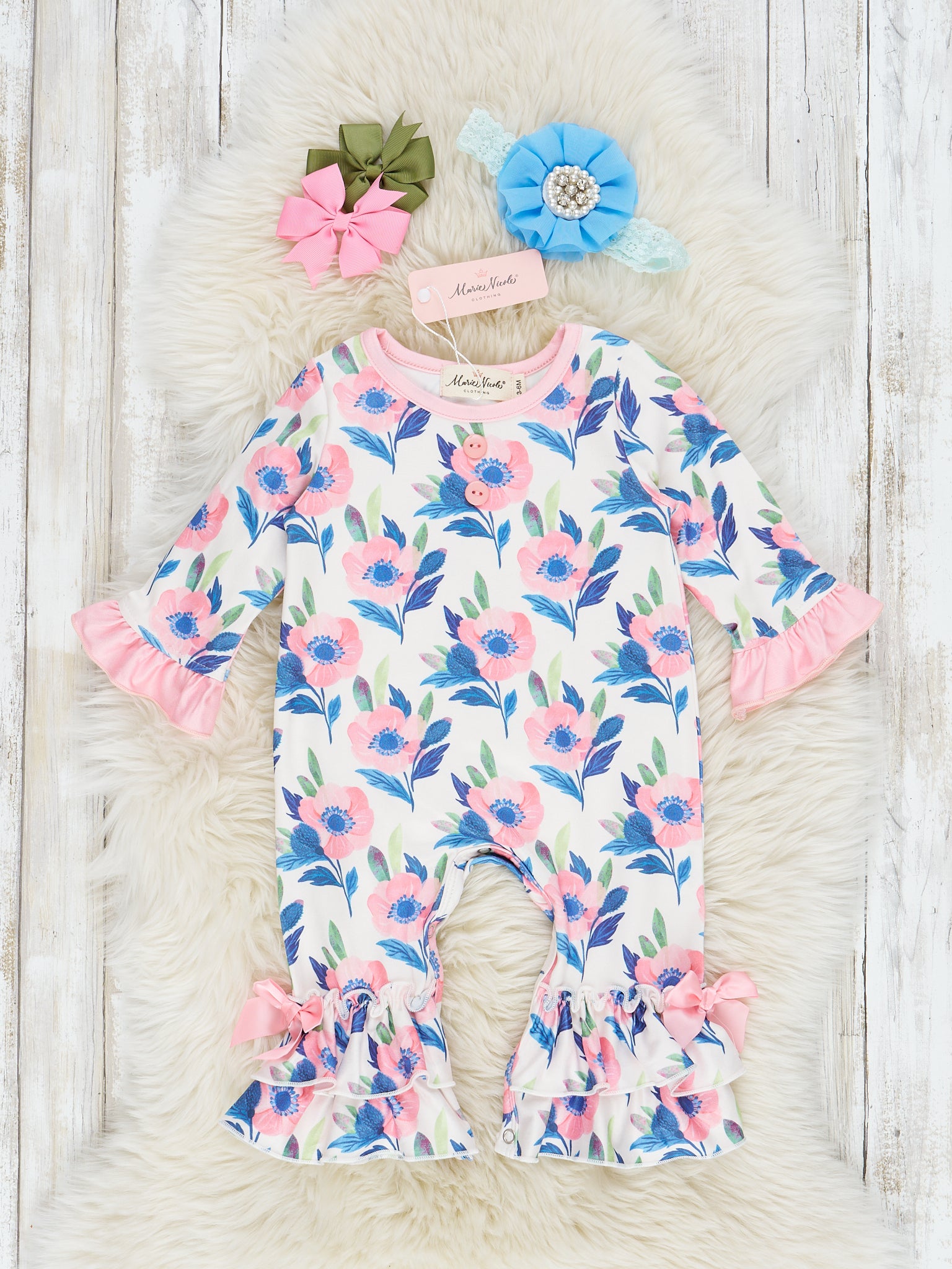 Navy & Pink Watercolor Ruffle Romper - Marie Nicole Clothing
