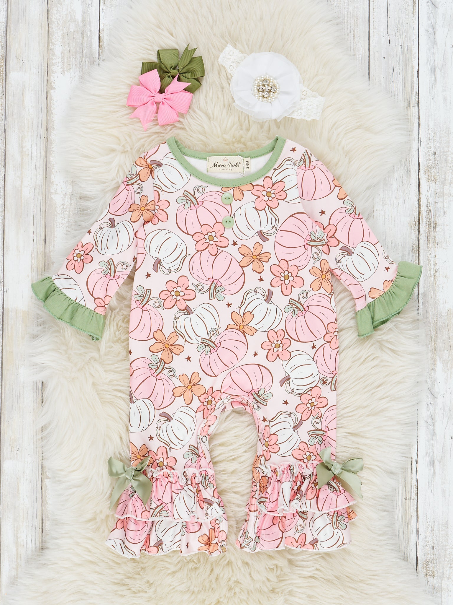 Pink & Green Doodle Pumpkin Garden Ruffle Romper - Marie Nicole Clothing