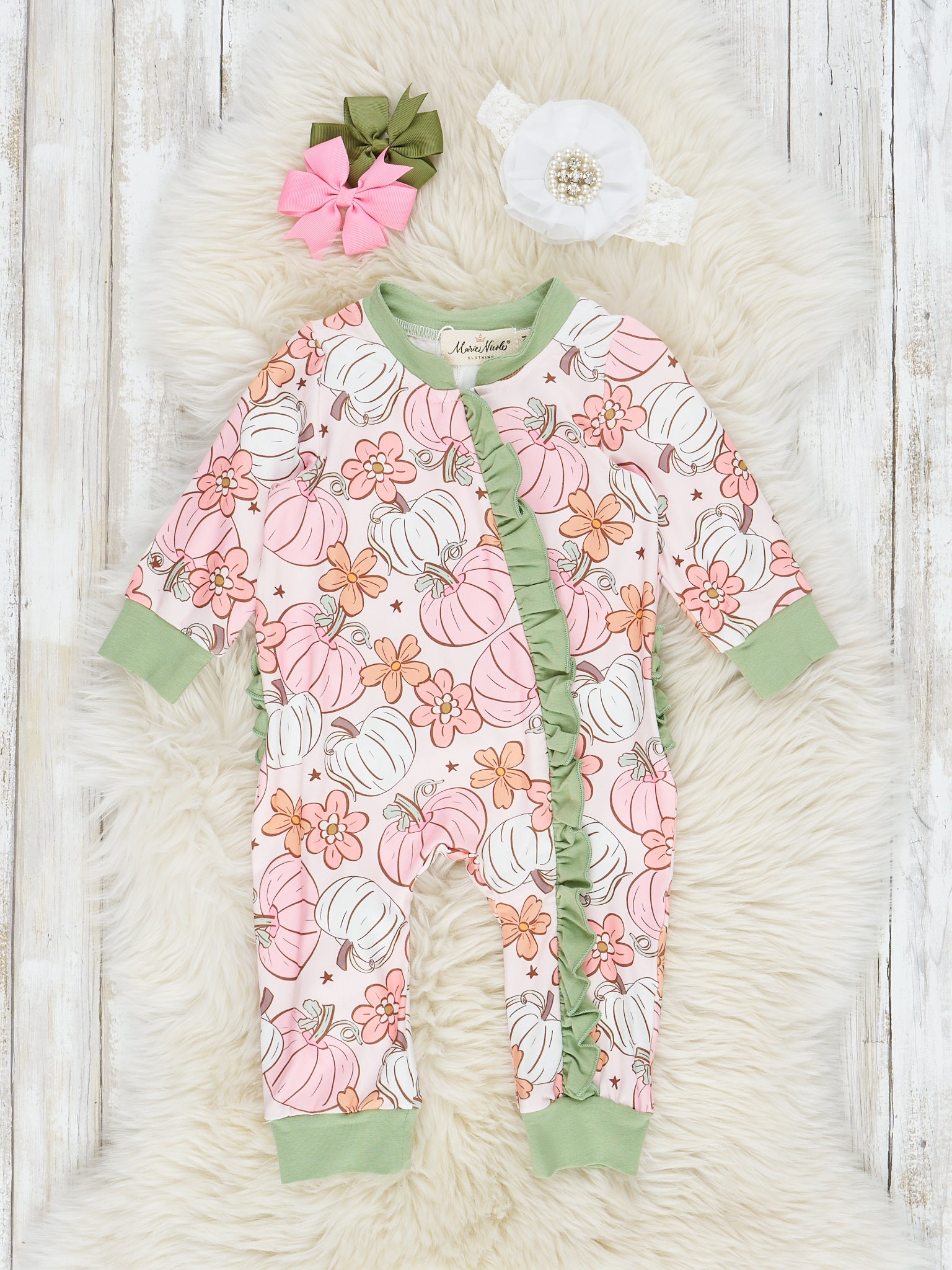 Pink & Green Doodle Pumpkin Garden Ruffle Sleeper Pajamas - Marie Nicole Clothing