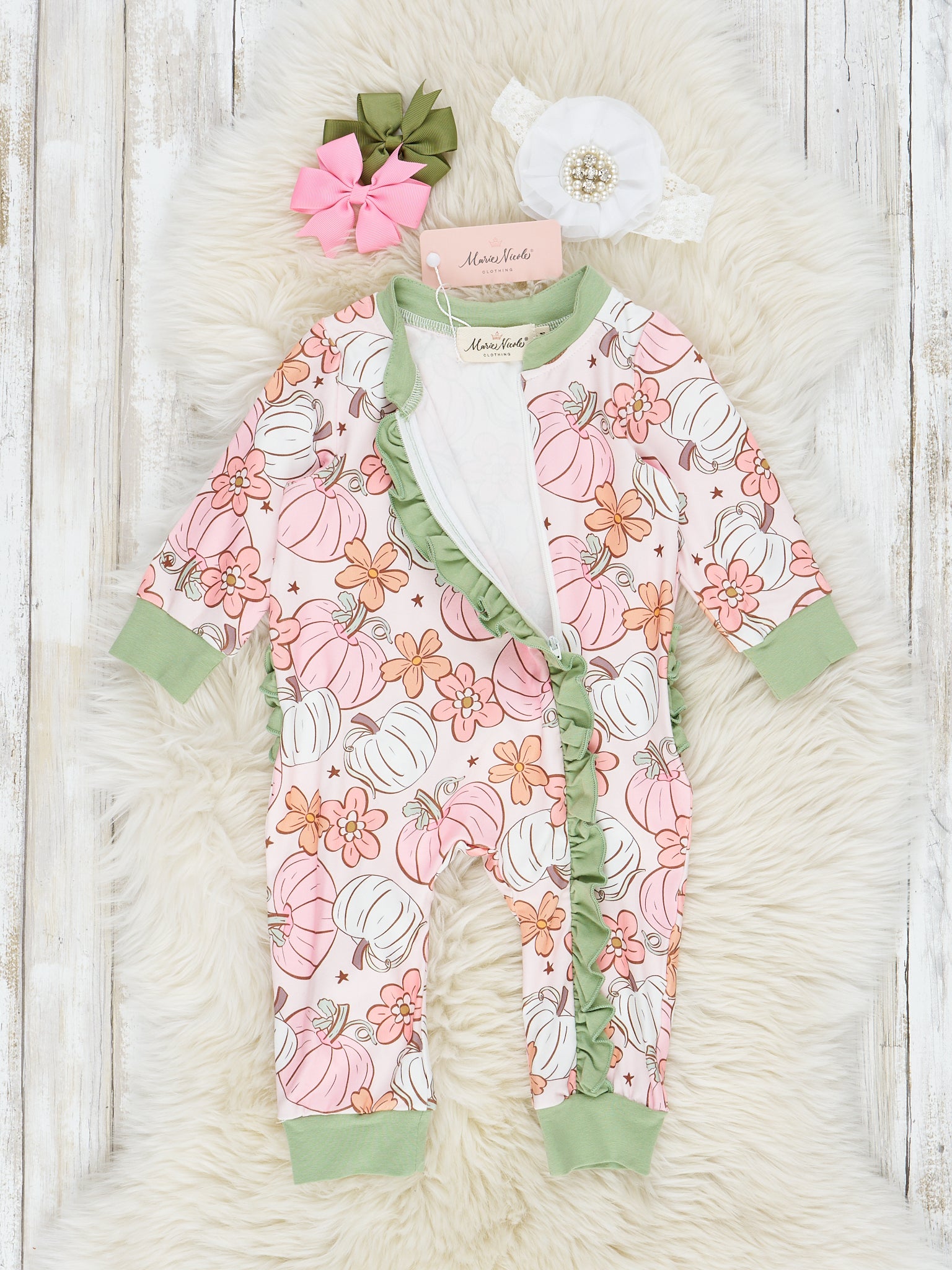 Pink & Green Doodle Pumpkin Garden Ruffle Sleeper Pajamas - Marie Nicole Clothing