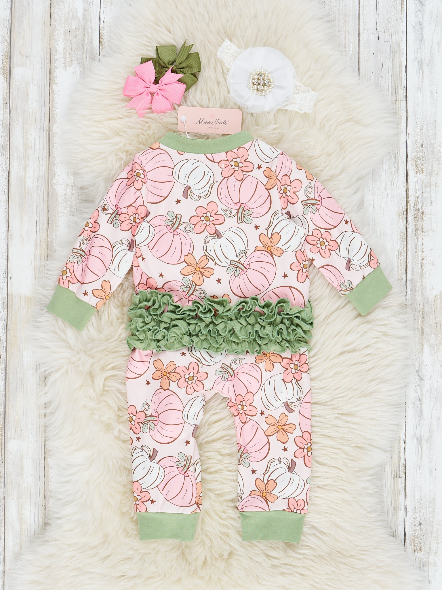 Pink & Green Doodle Pumpkin Garden Ruffle Sleeper Pajamas - Marie Nicole Clothing