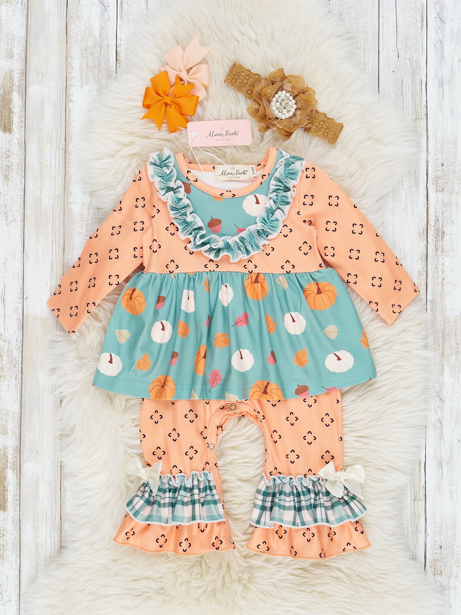 Orange & Teal Pumpkin Pattern Ruffle Romper - Marie Nicole Clothing