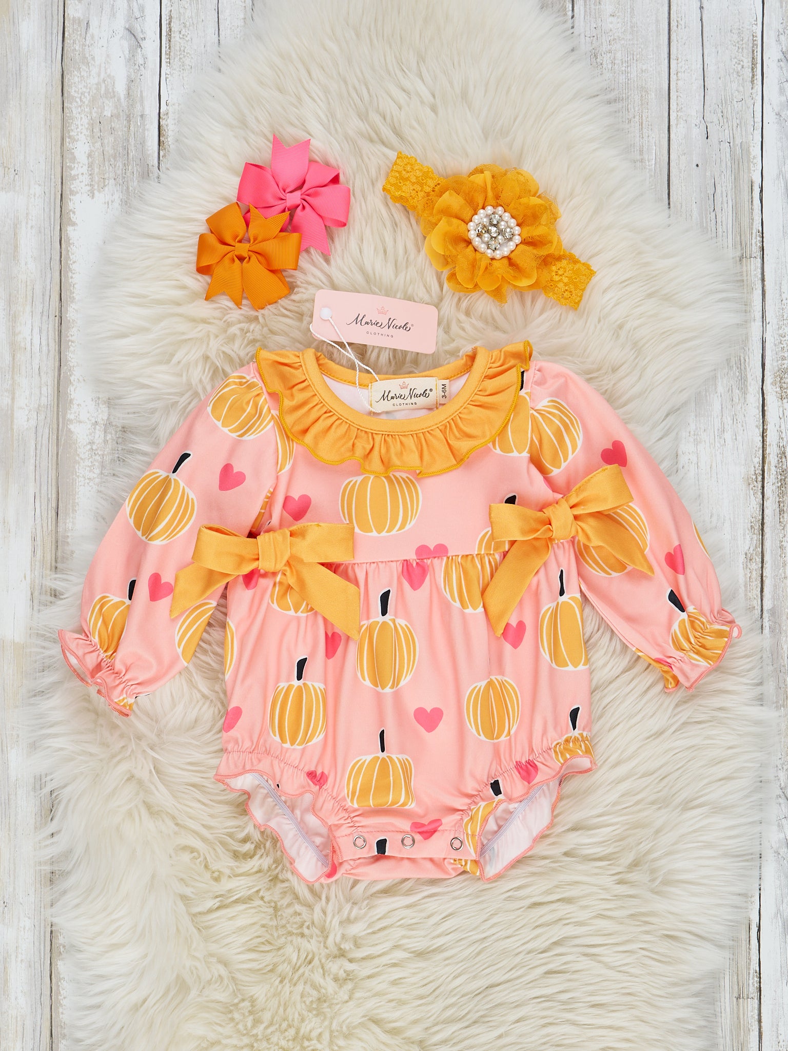 Pink & Orange Pumpkin Heart Ruffle Romper - Marie Nicole Clothing