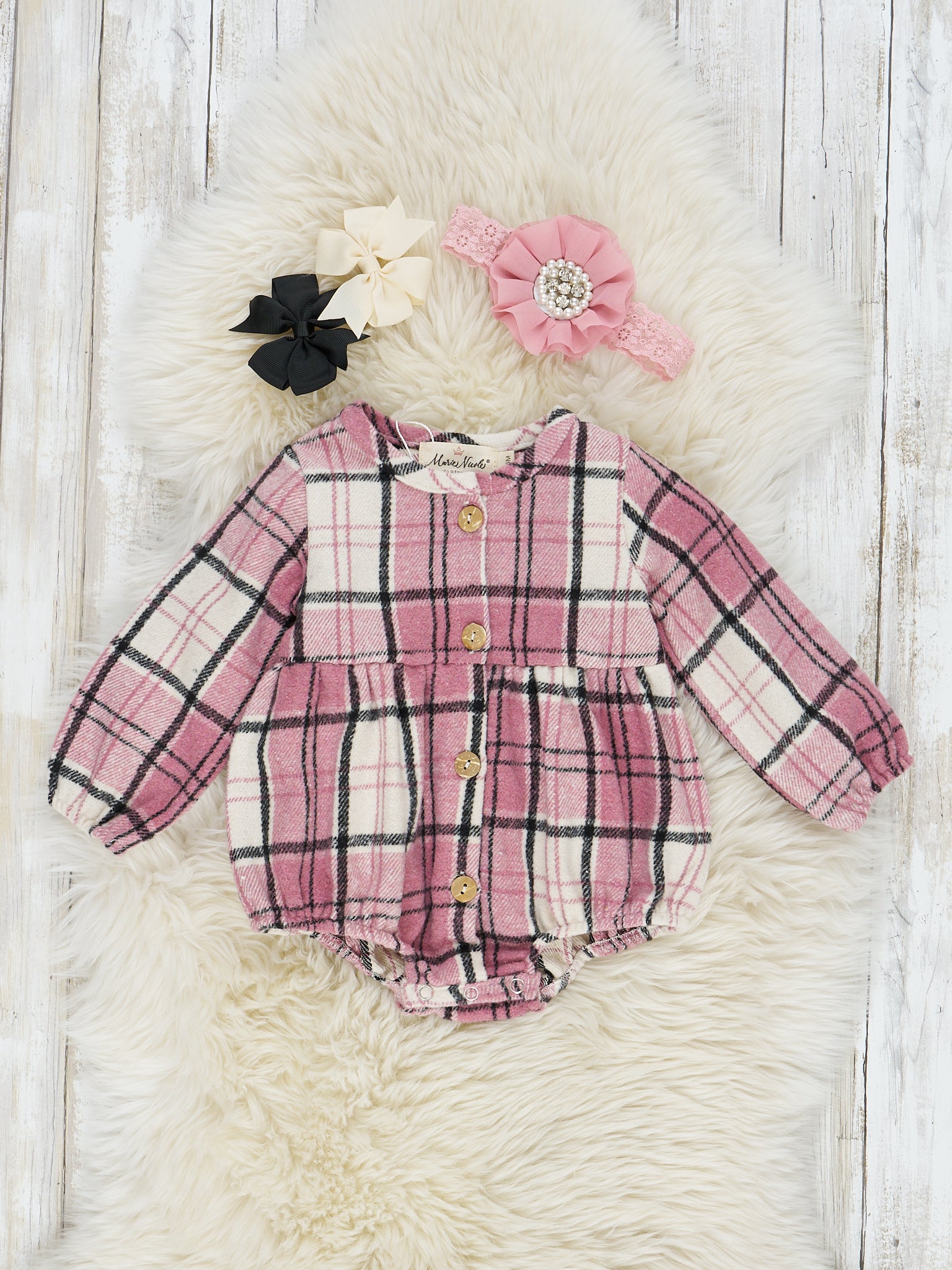 Mauve & Cream Button - Front Plaid Romper - Marie Nicole Clothing
