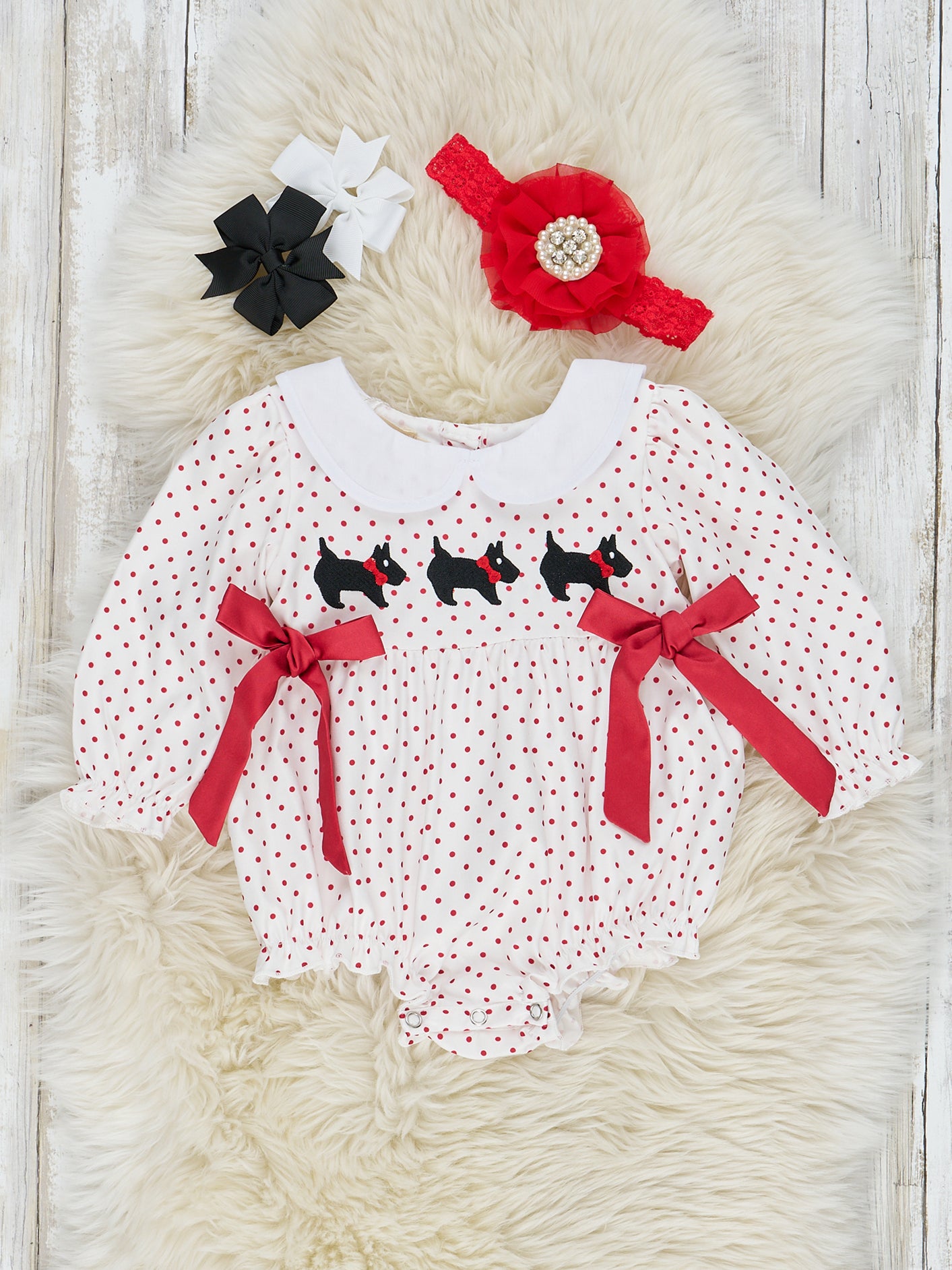 Red & White Dot Puppy Romper - Marie Nicole Clothing