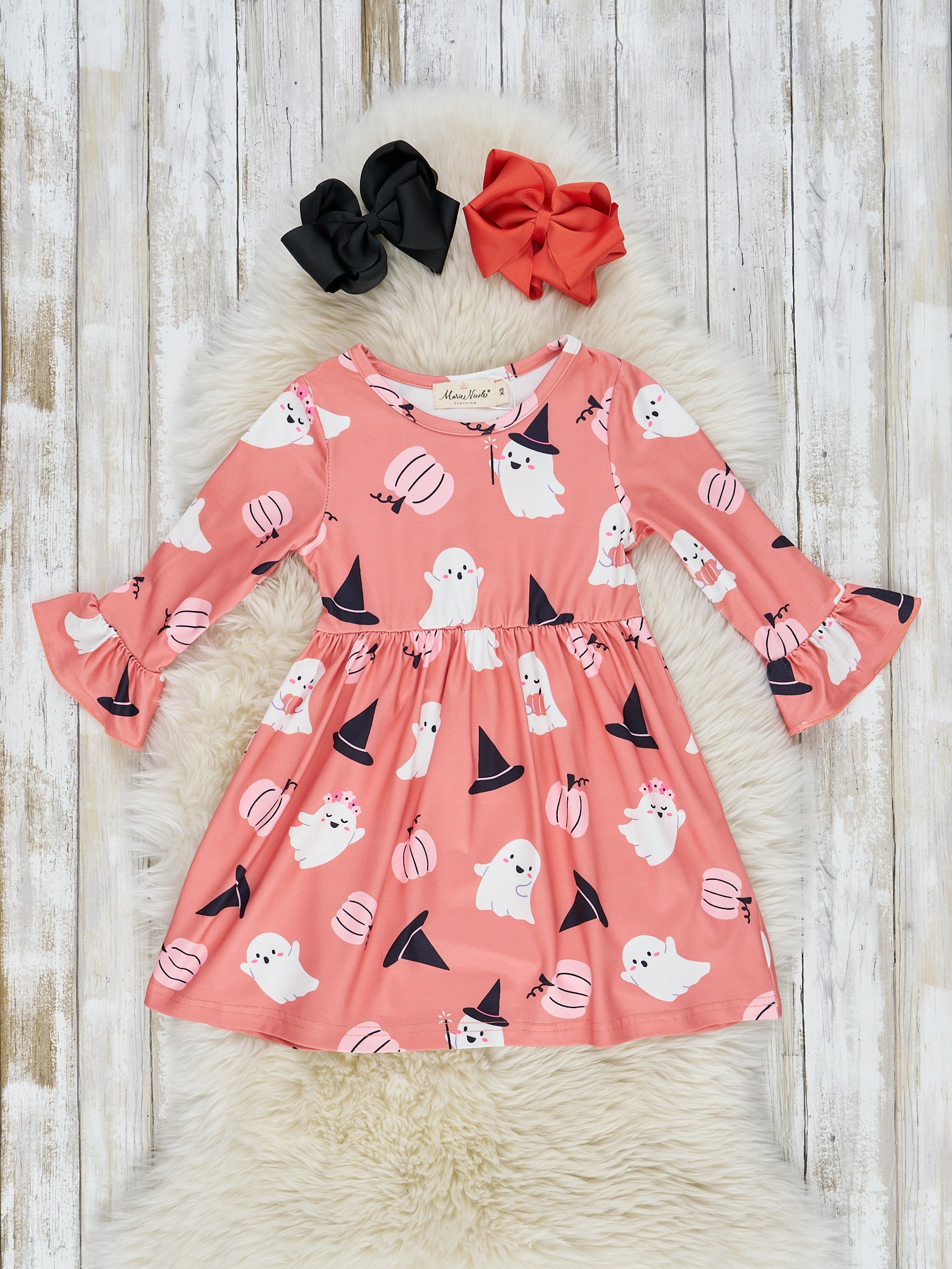 Coral Witchy Ghouls Ruffle Swing Dress - Marie Nicole Clothing