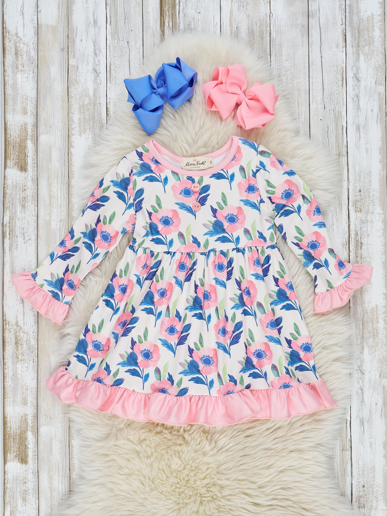 Navy & Pink Watercolor Ruffle Dress - Marie Nicole Clothing