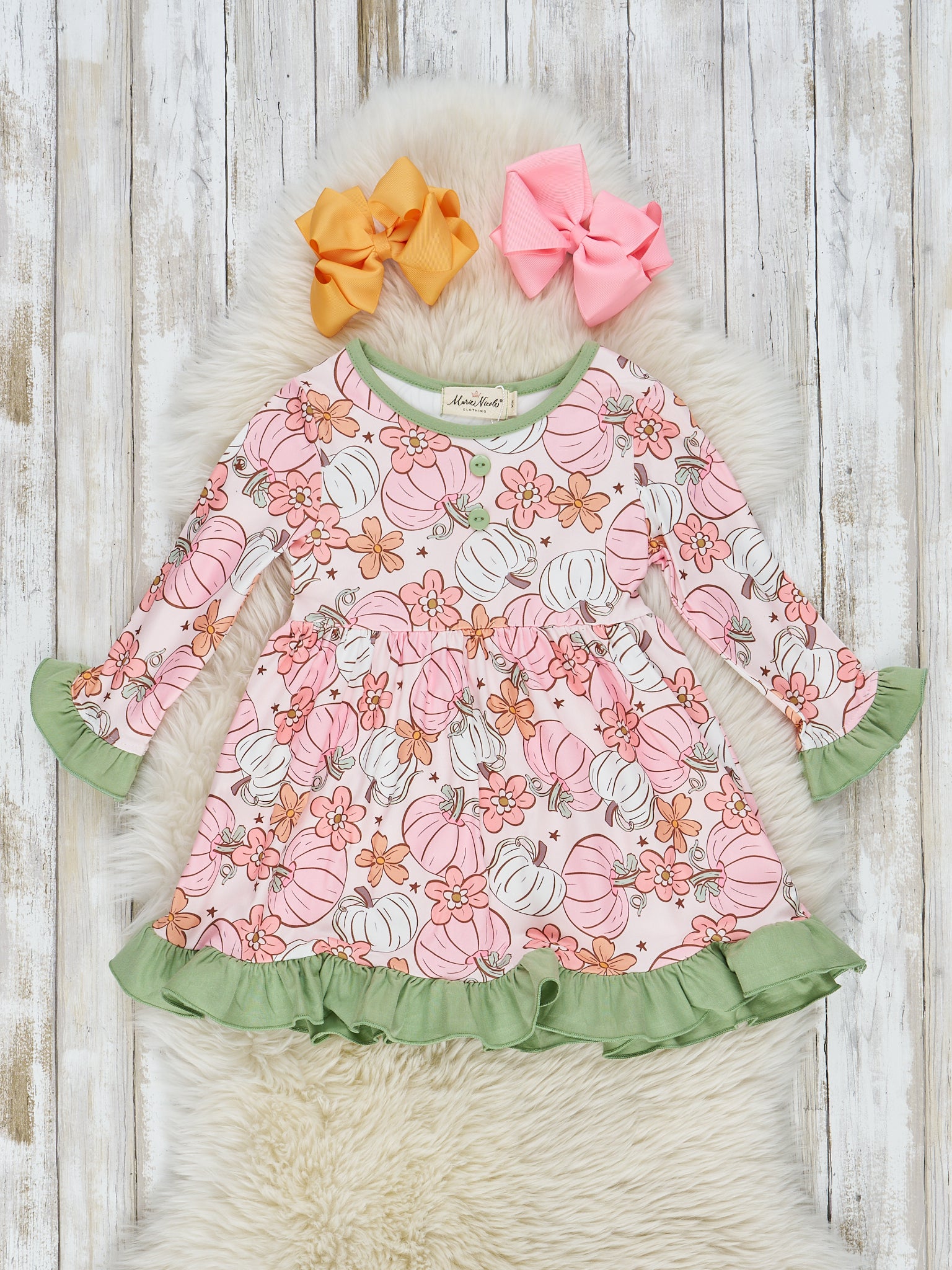 Pink & Green Doodle Pumpkin Garden Ruffle Dress - Marie Nicole Clothing