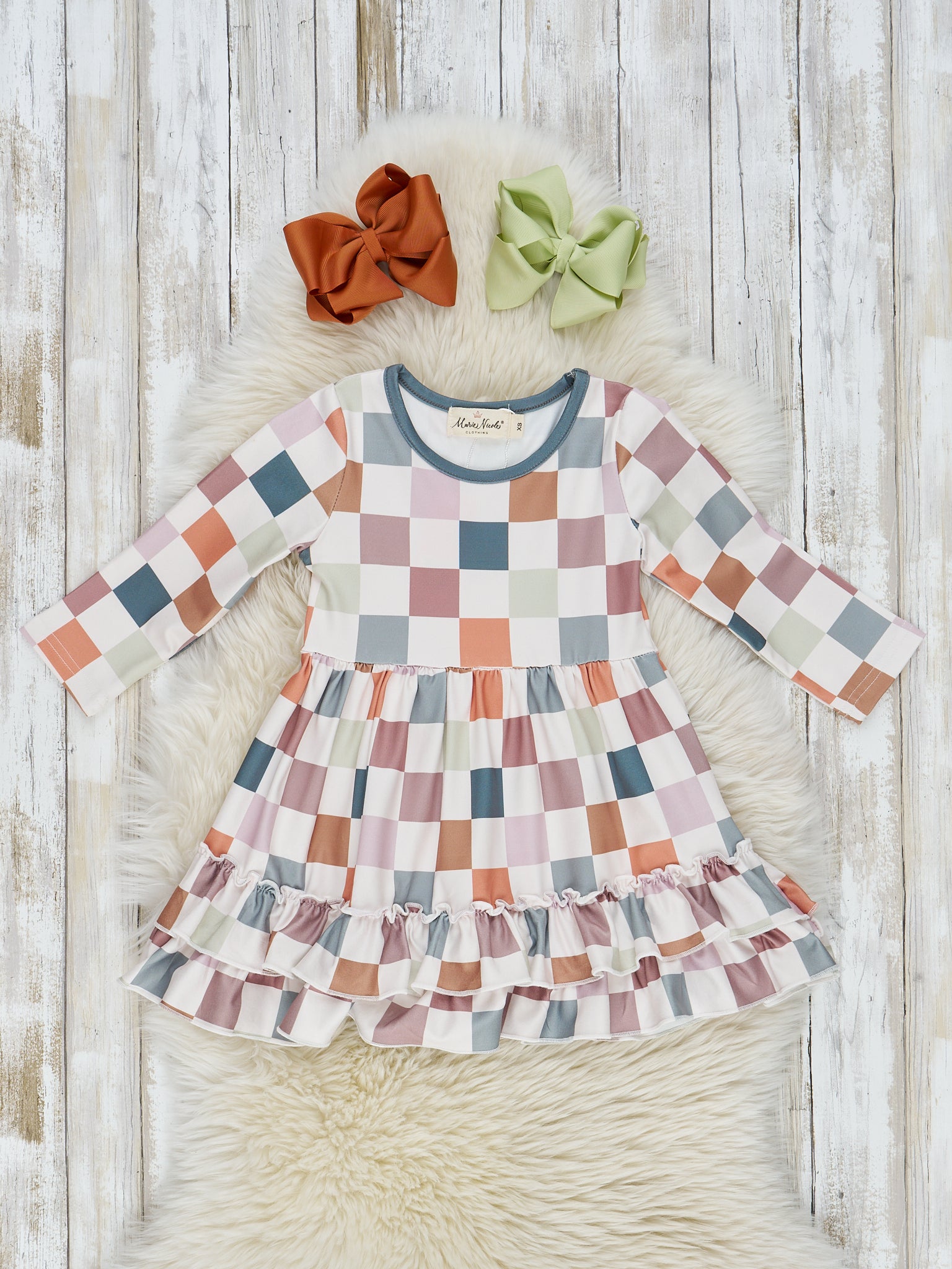 Green Retro Squares Ruffle Dress - Marie Nicole Clothing