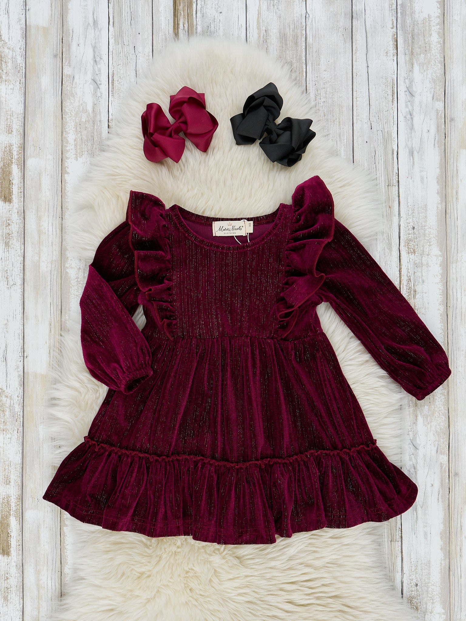 Velvet Ruffle Front Dress - Marie Nicole Clothing