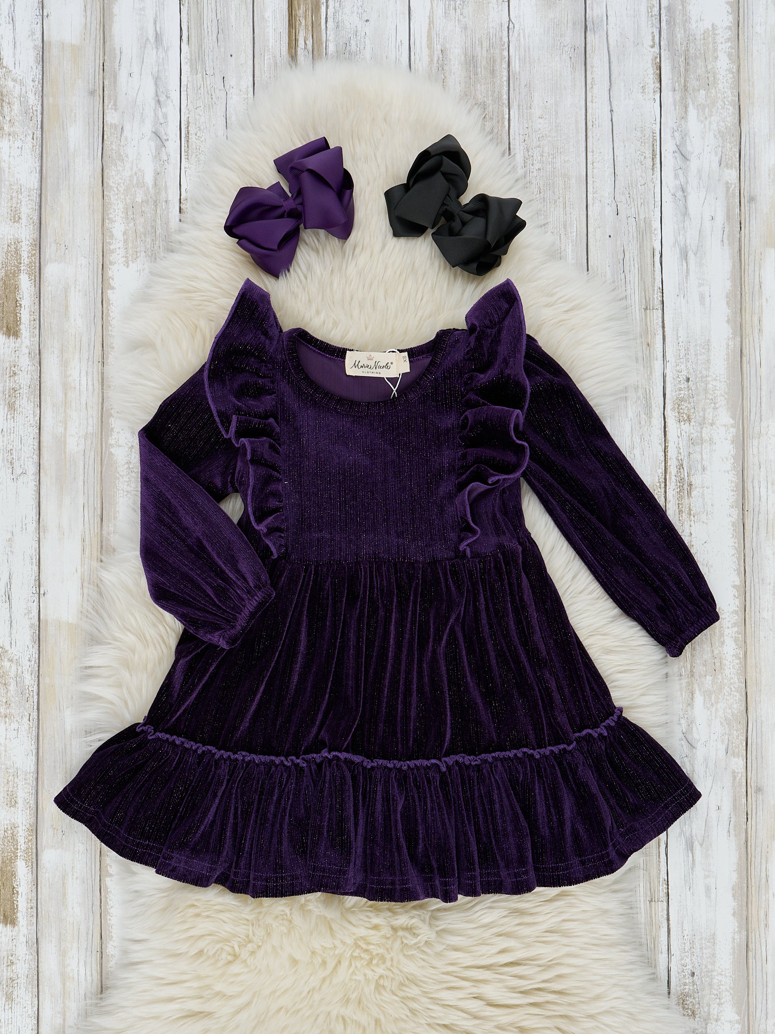 Velvet Ruffle Front Dress - Marie Nicole Clothing
