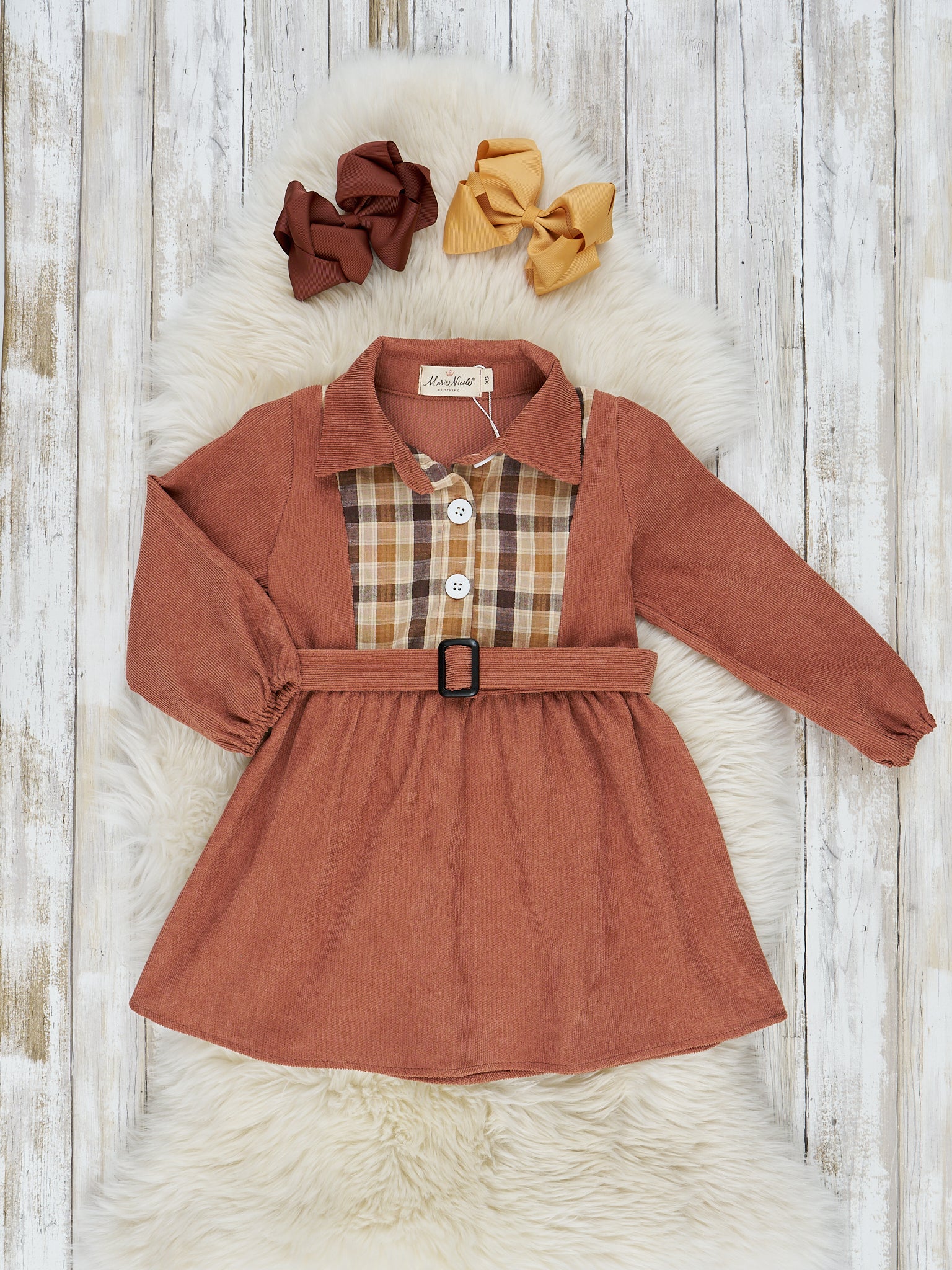Sepia Plaid Corduroy Dress - Marie Nicole Clothing