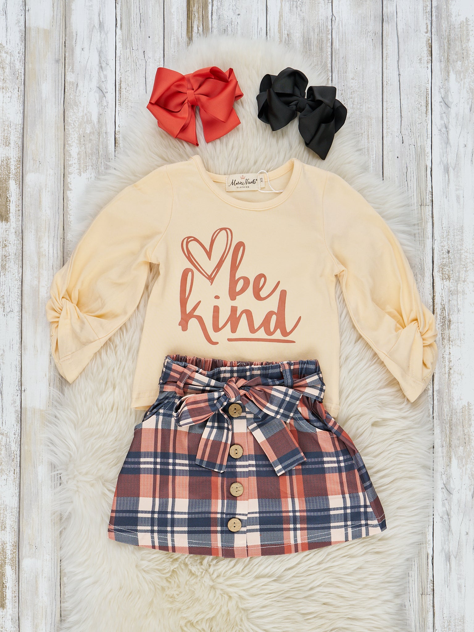 Cream & Orange Plaid "Be Kind" Outfit - Marie Nicole Clothing
