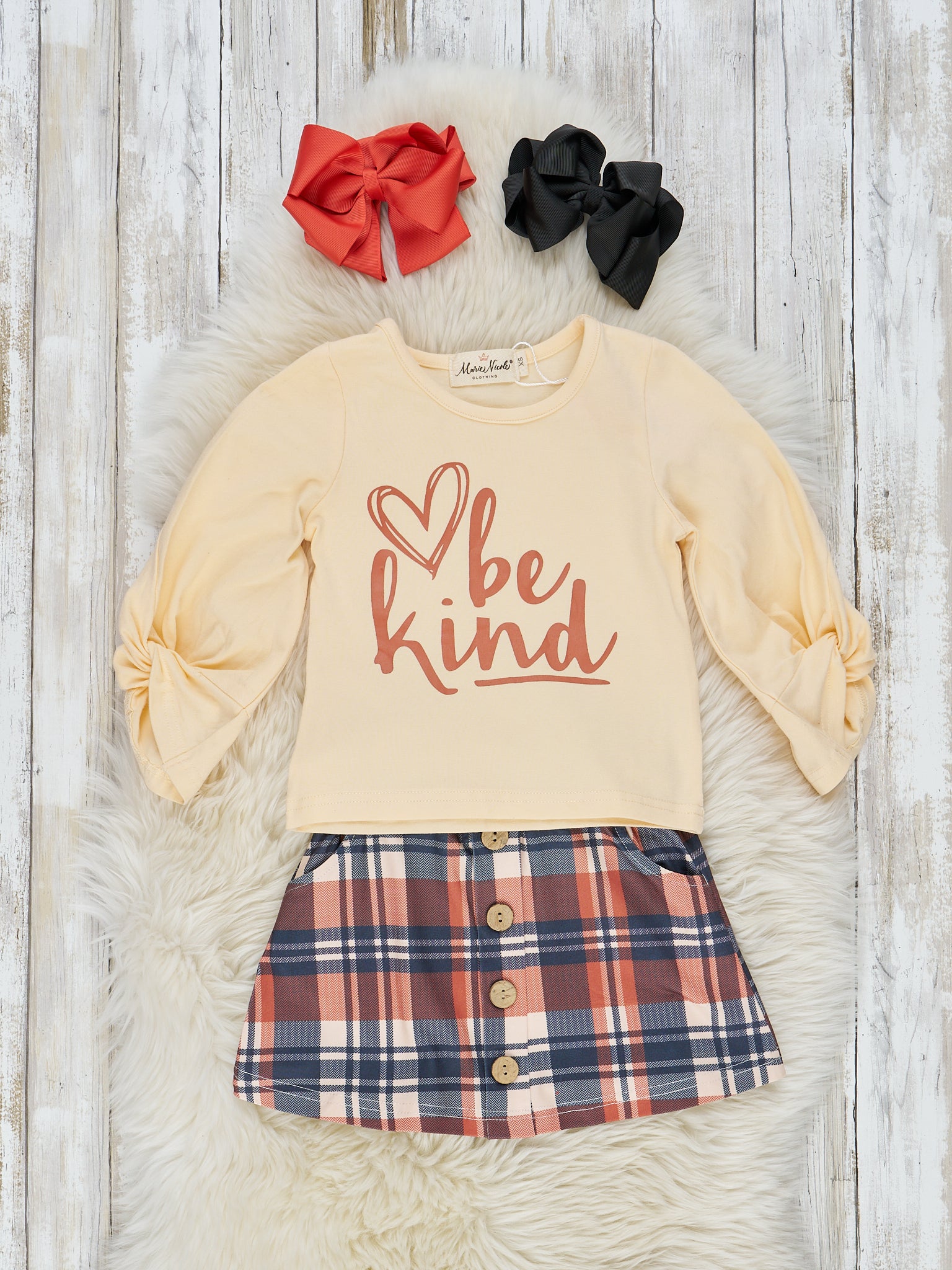 Cream & Orange Plaid "Be Kind" Outfit - Marie Nicole Clothing