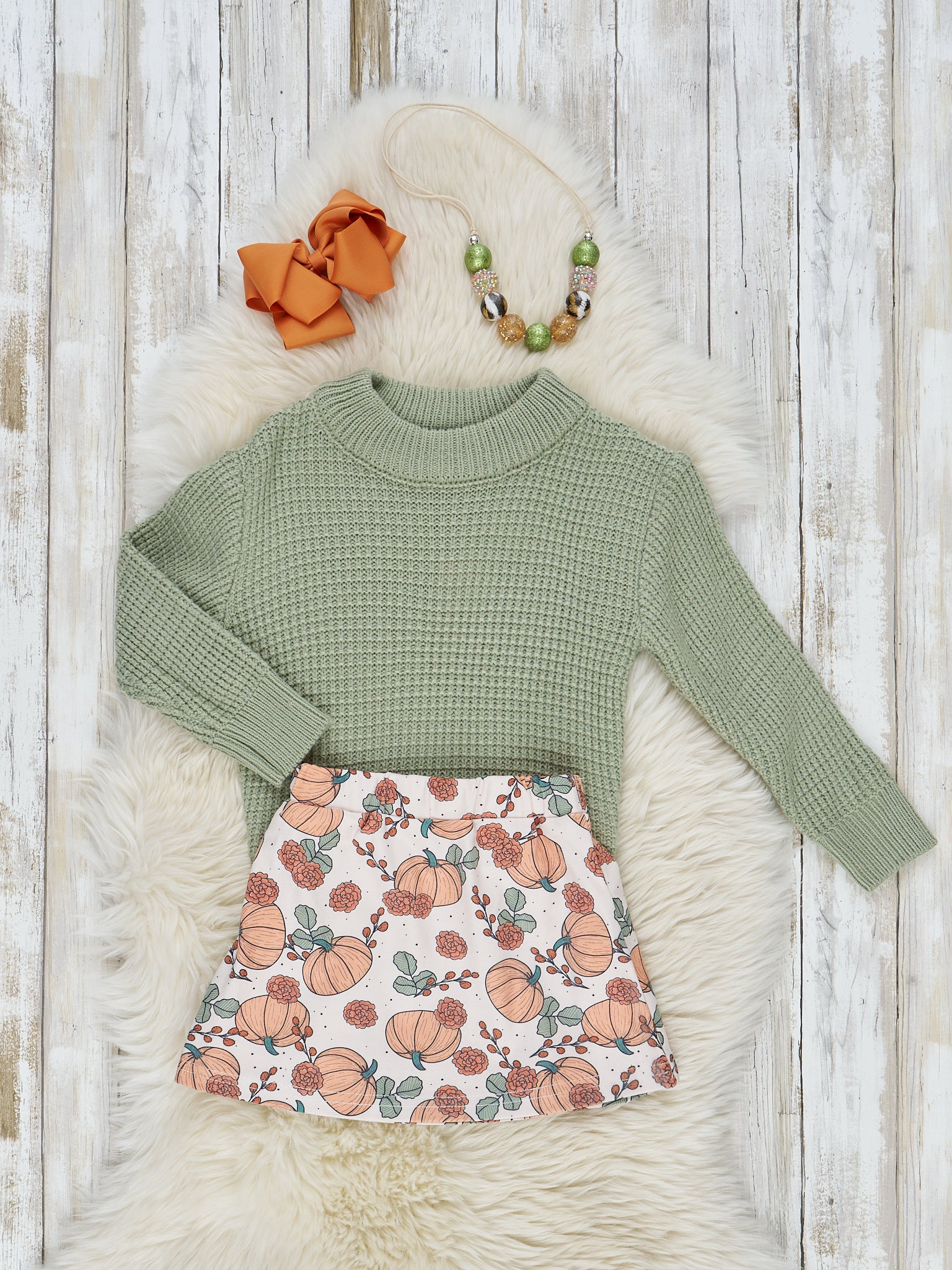 Olive Waffle Knit Sweater & Pumpkin Skirt Outfit - Marie Nicole Clothing