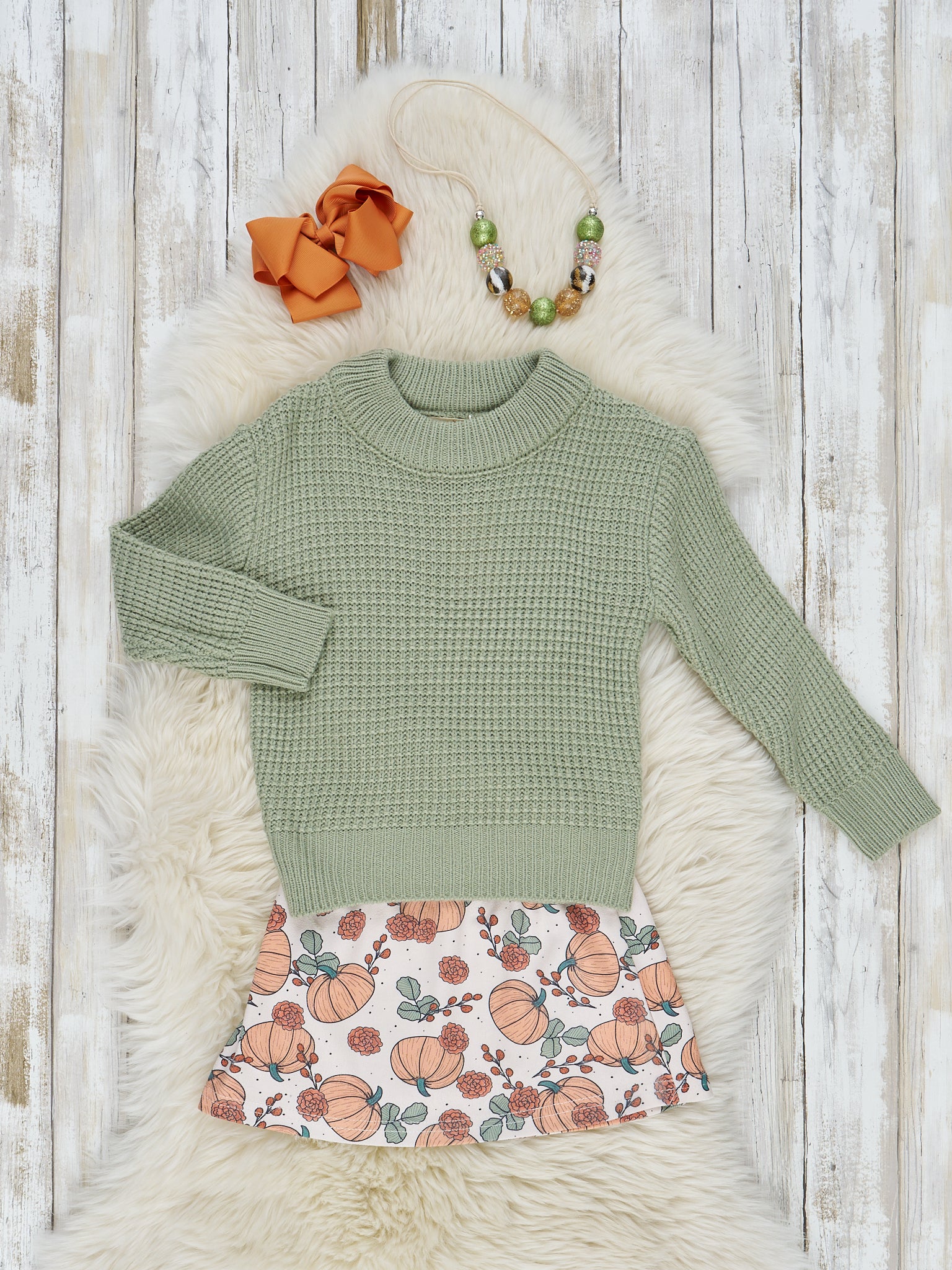 Olive Waffle Knit Sweater & Pumpkin Skirt Outfit - Marie Nicole Clothing