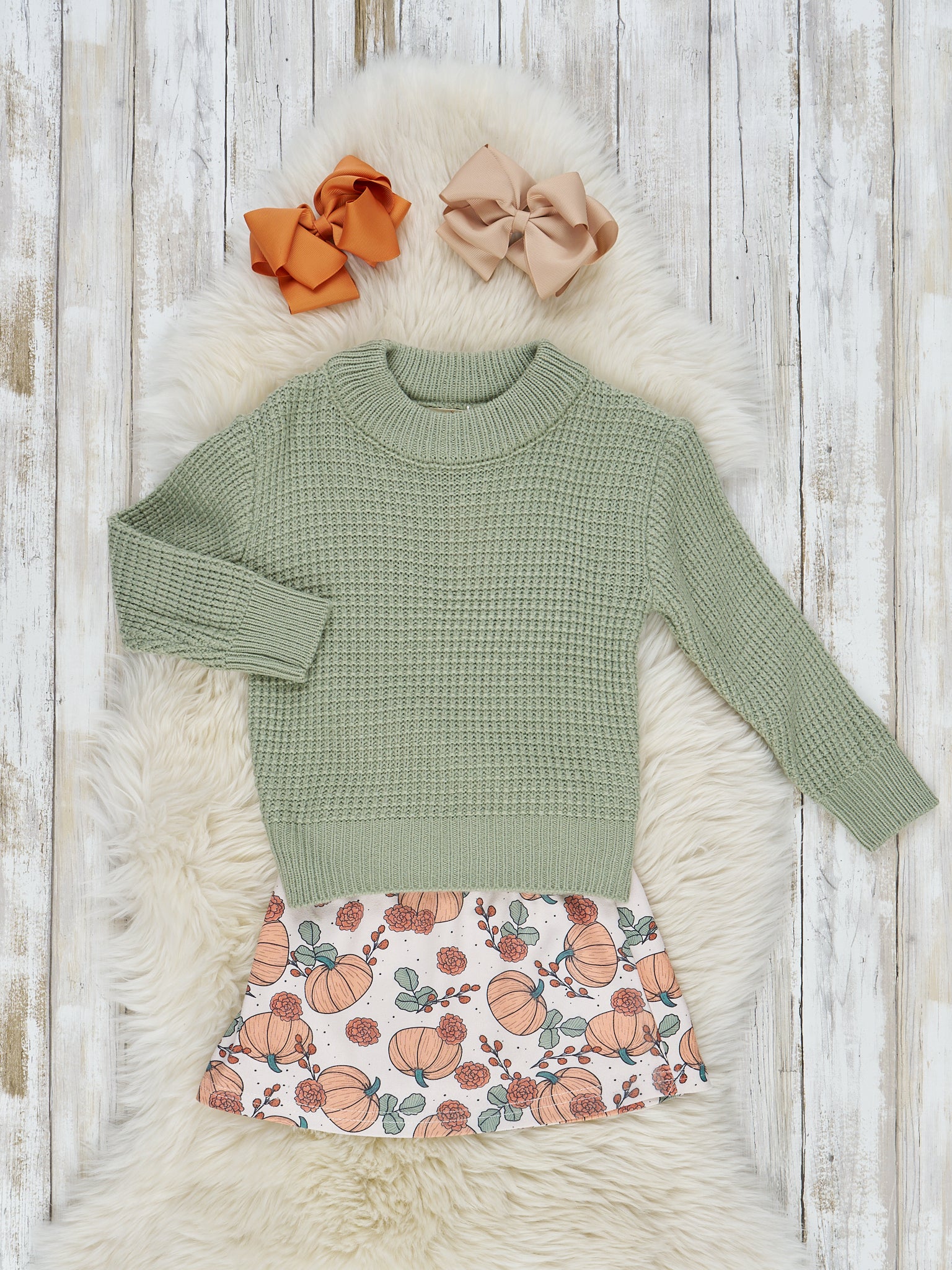 Olive Waffle Knit Sweater & Pumpkin Skirt Outfit - Marie Nicole Clothing